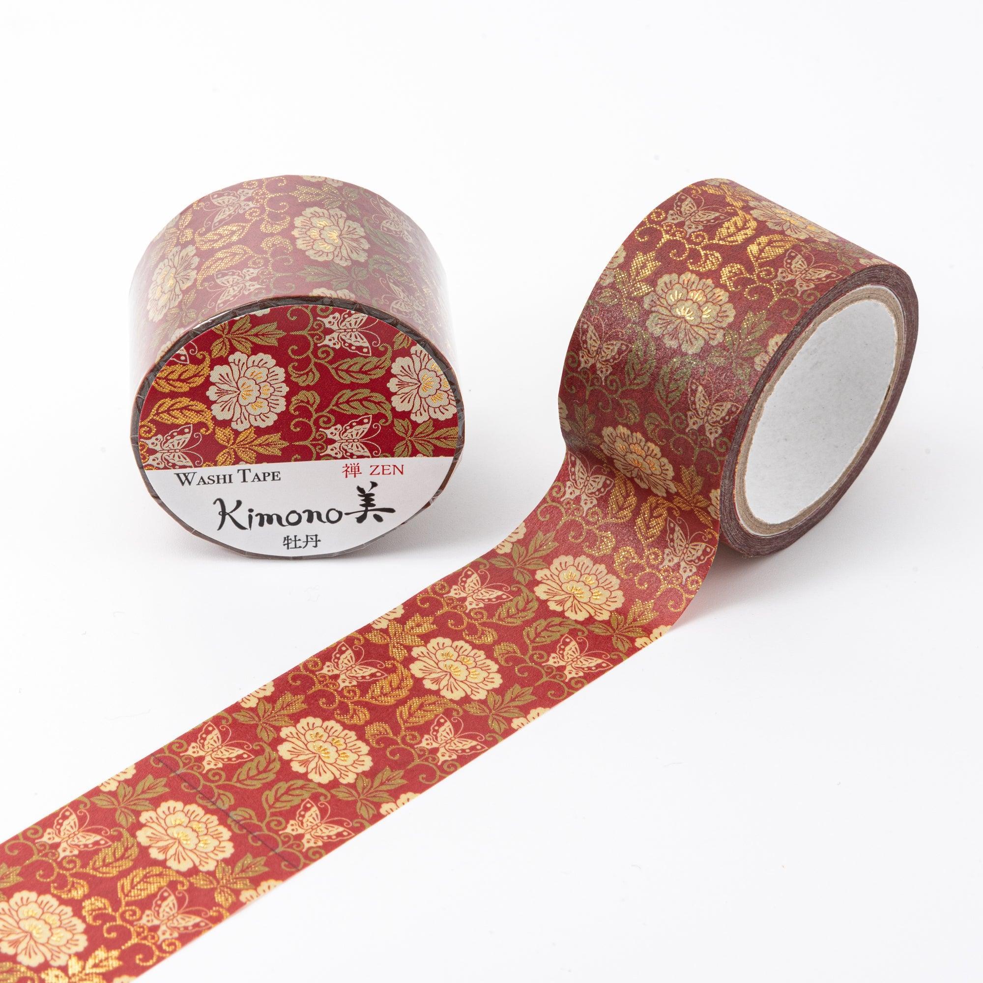 Kimono Beauty Series Peony Iyo Washi Tape three-quarter angle showing complete pink peony flower design motif