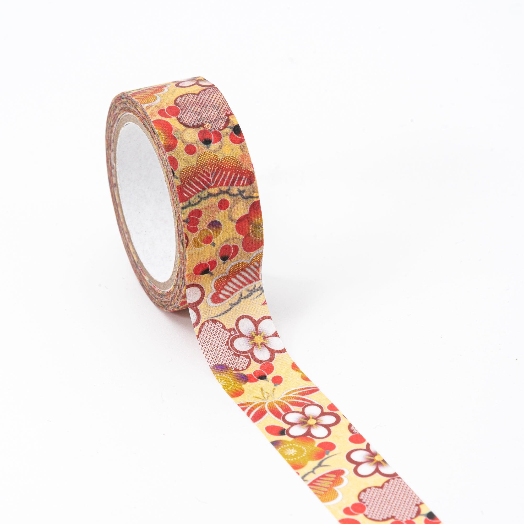 Kimono Beauty Series traditional washi tape featuring pine, bamboo, and plum symbols on blue background color