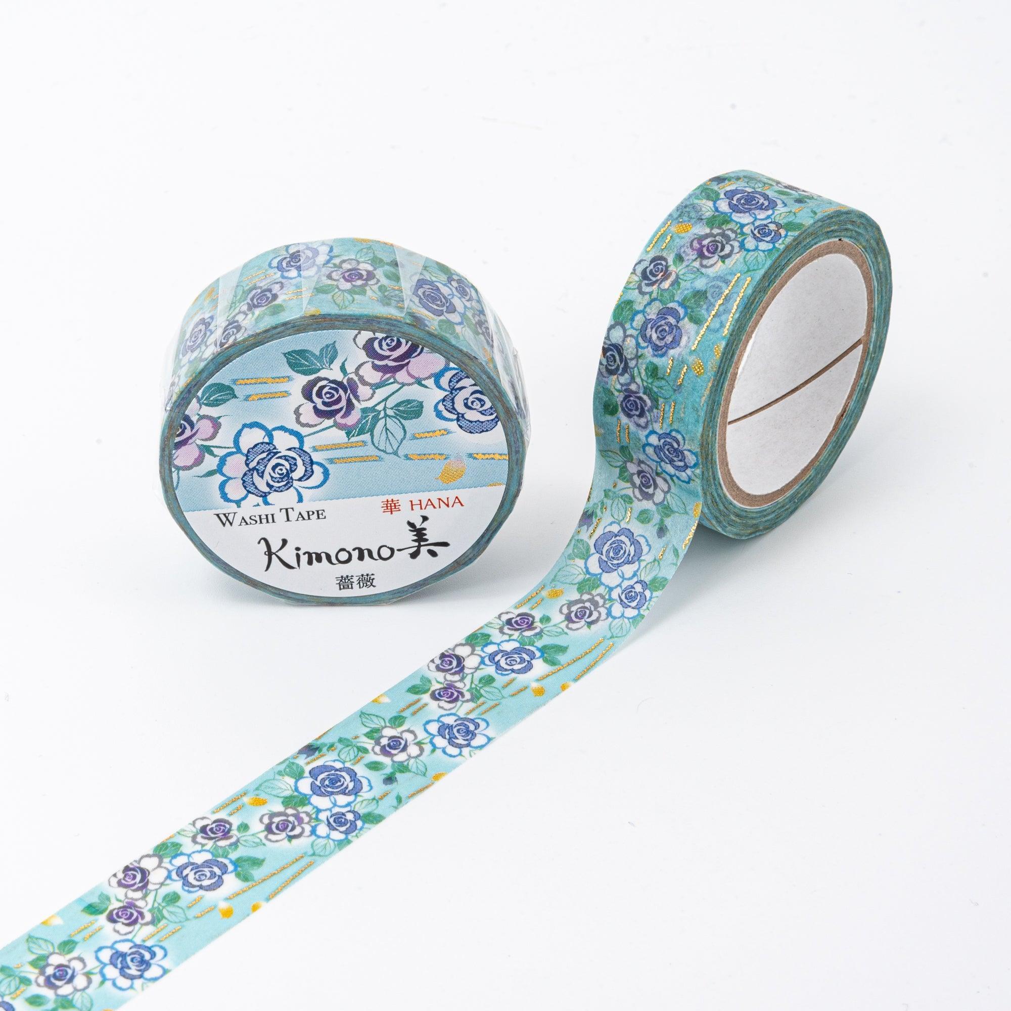 Kimono Beauty Series Rose Iyo Washi Tape roll showing delicate red rose flower pattern on blue background