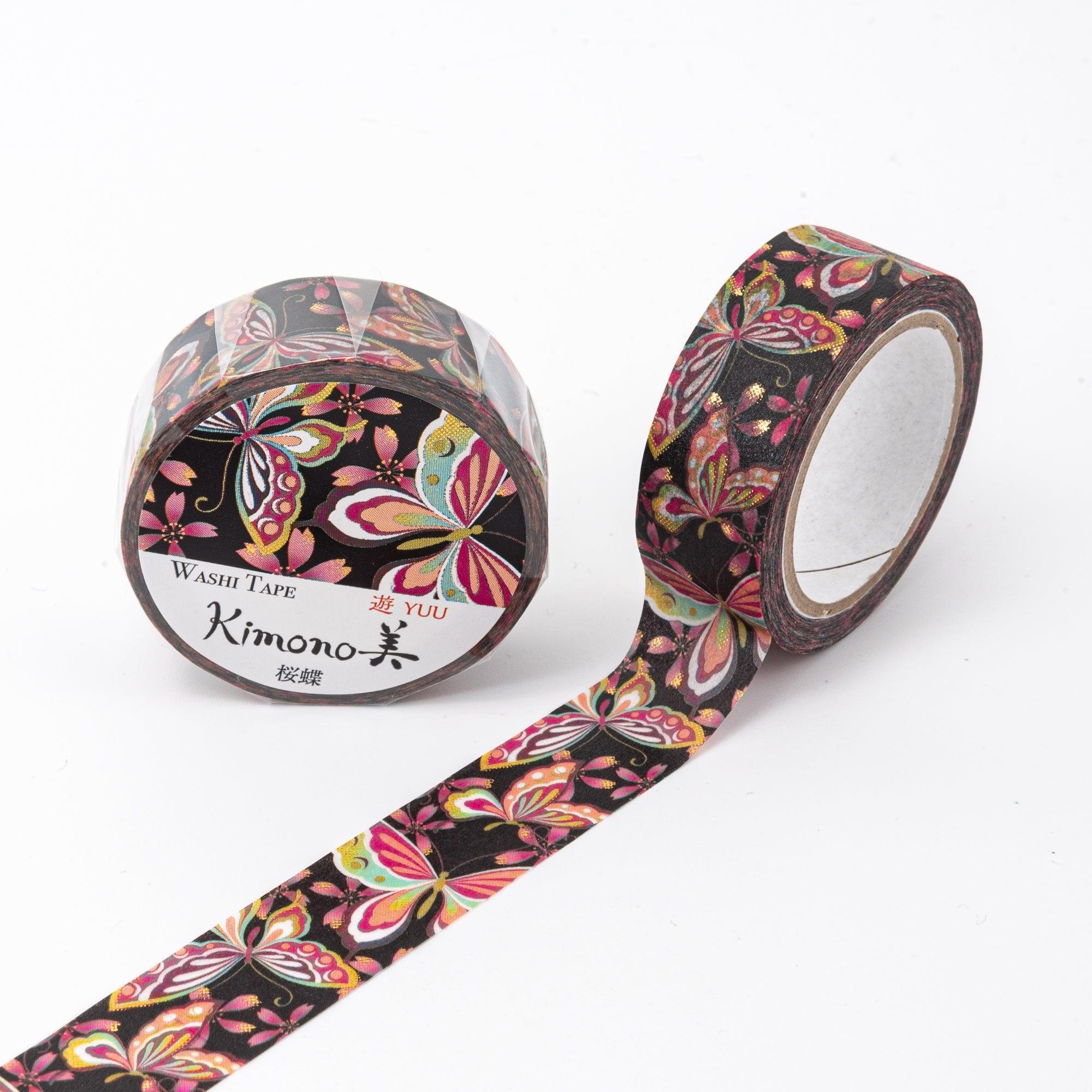 Washi tape "Kimono美" with vibrant butterfly patterns on a black background and gold accents, showcasing the artistic elegance of Japanese stationery.