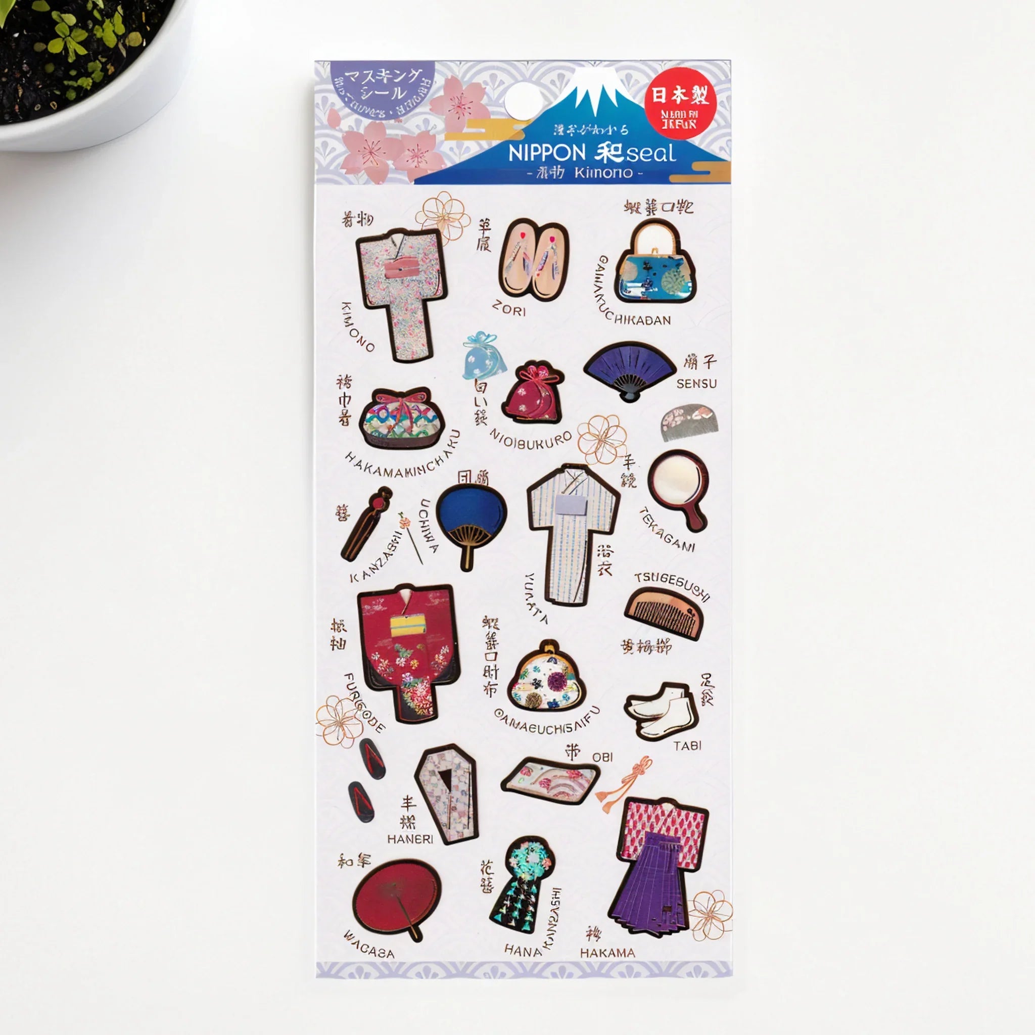 Kimono Iyo washi sticker sheet displayed on cream background featuring traditional Japanese garment and clothing patterns