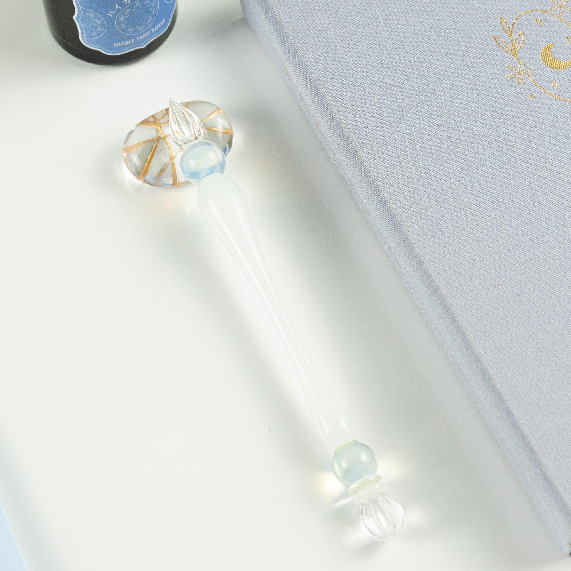 Traditional white glass dip pen features refined scepter silhouette with quality craft finish hand-made