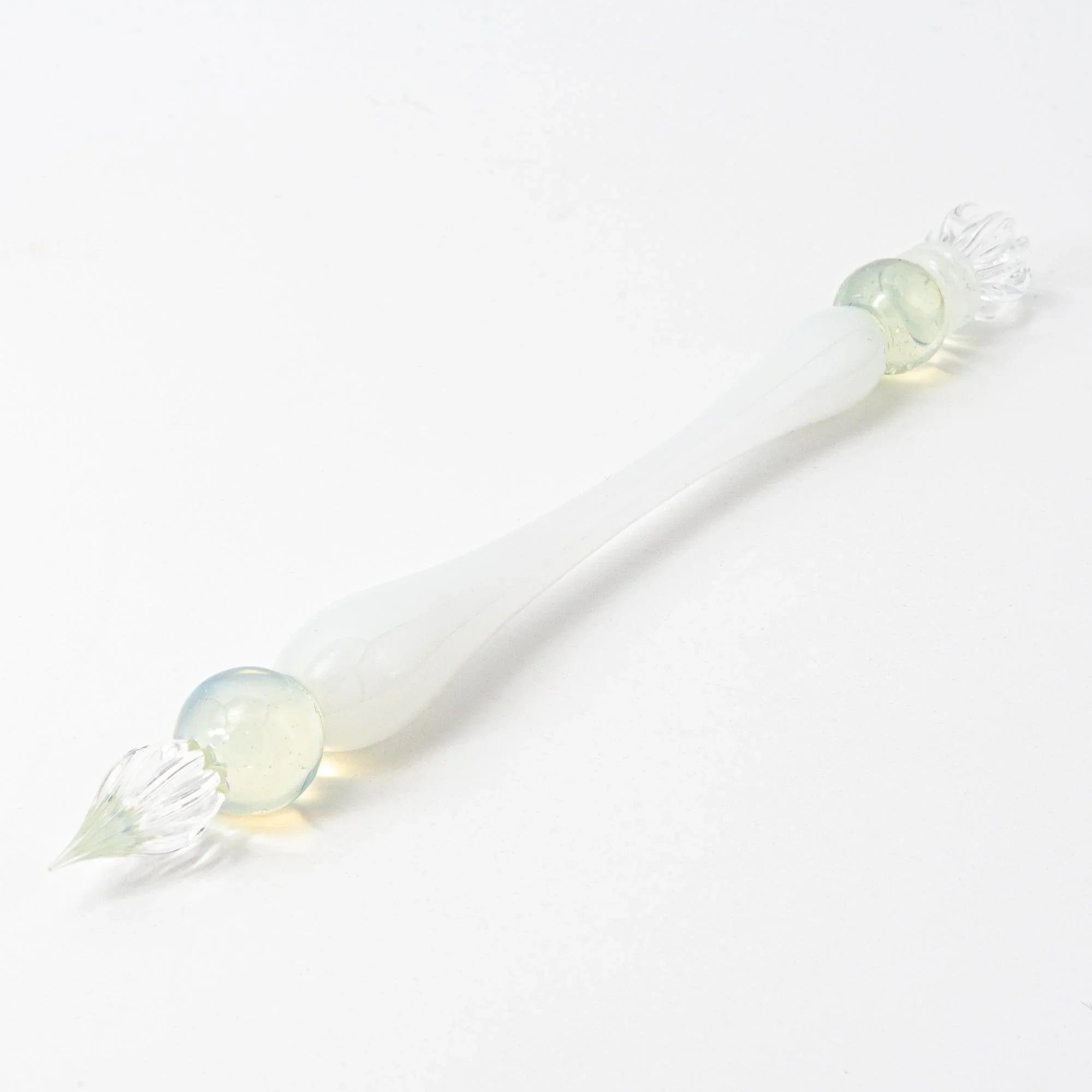 white glass dip pen features scepter motif with hand-finished glass detail work accent hand-made, Japanese glass