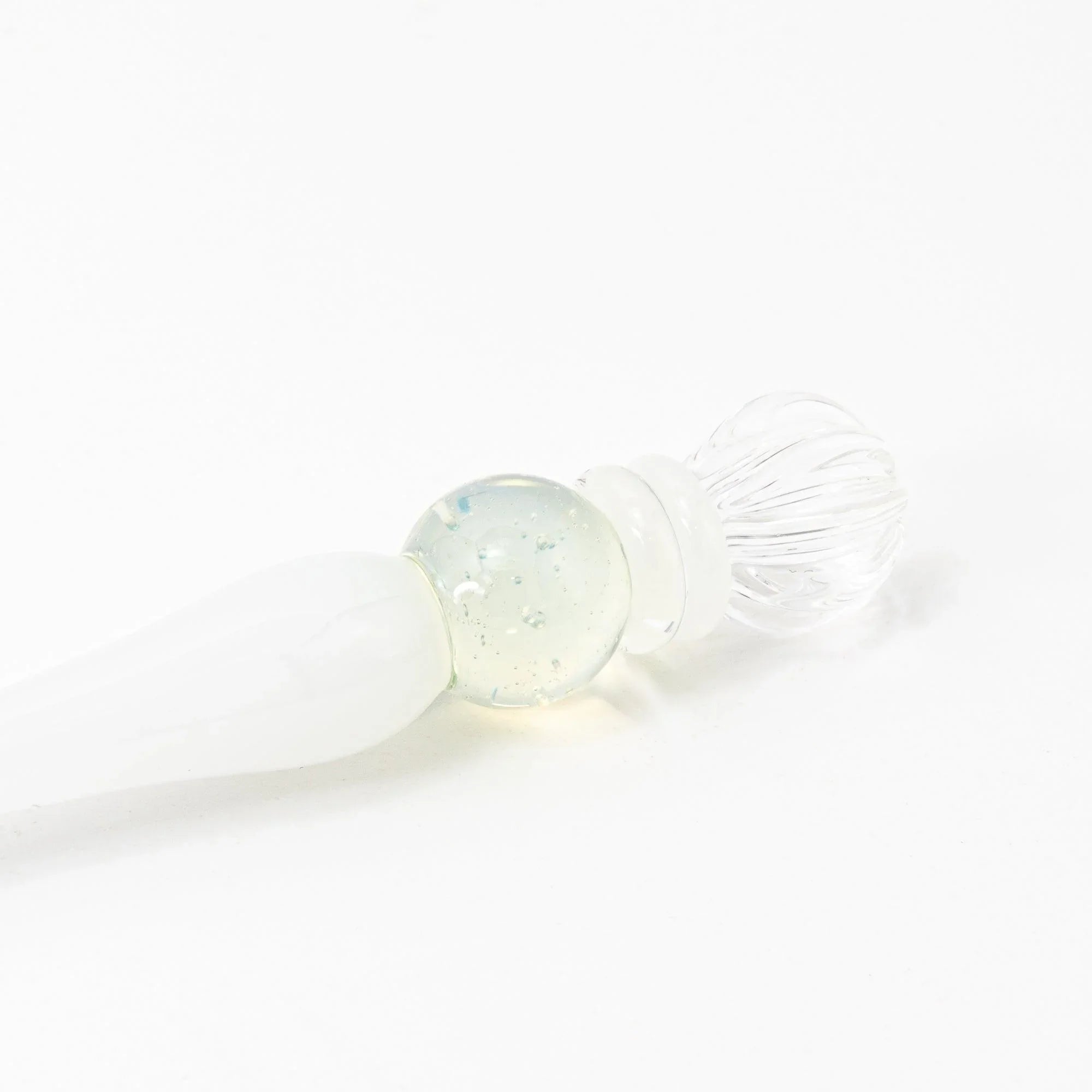 Hand-blown white glass dip pen features ornate king's scepter sculptural artistic composition hand-made