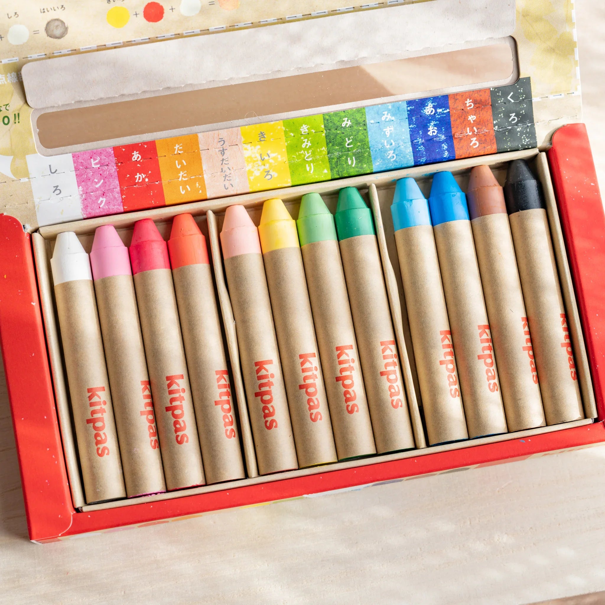 Kitpas Non-Toxic Rice Wax Watercolor Crayons 12-color set side profile view showing edge of crayon box
