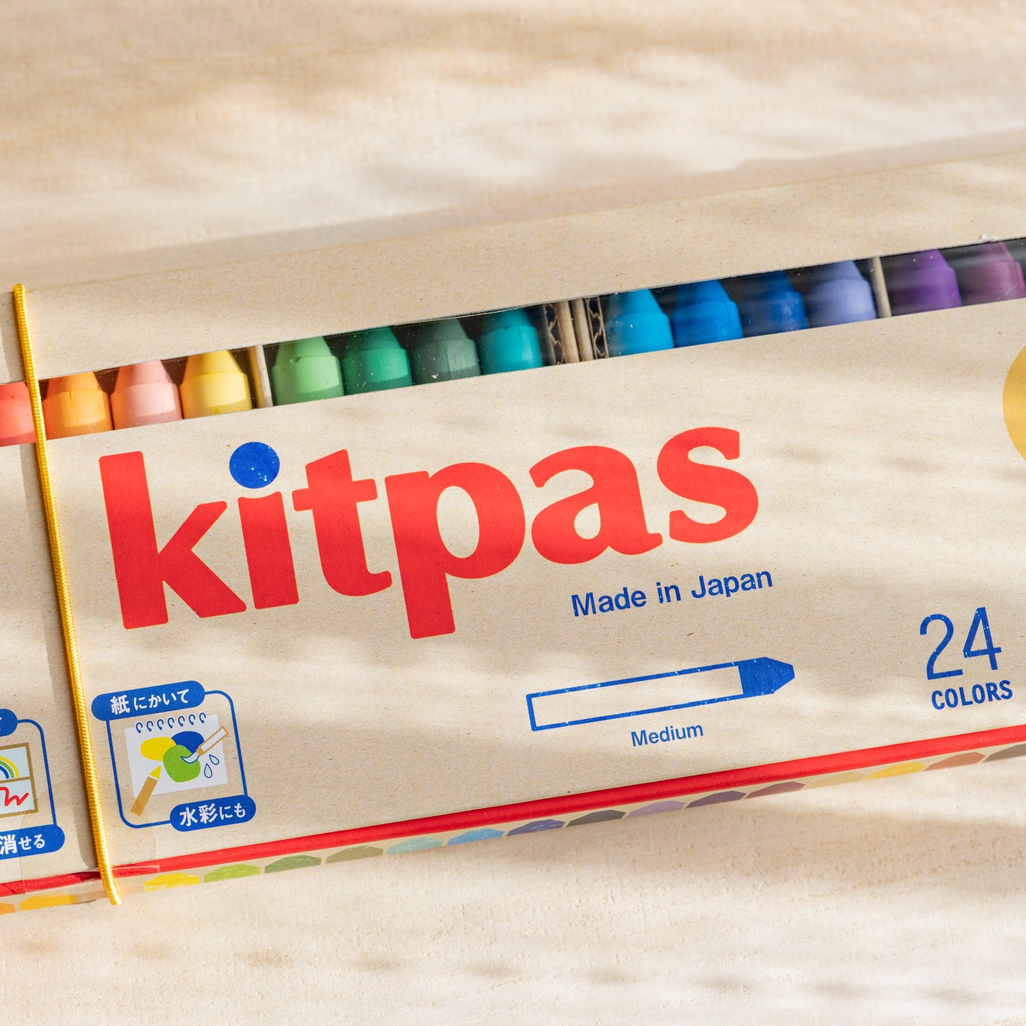 Kitpas Non-Toxic Rice Wax Watercolor Crayons 24-color set side profile view showing tall crayon box edge