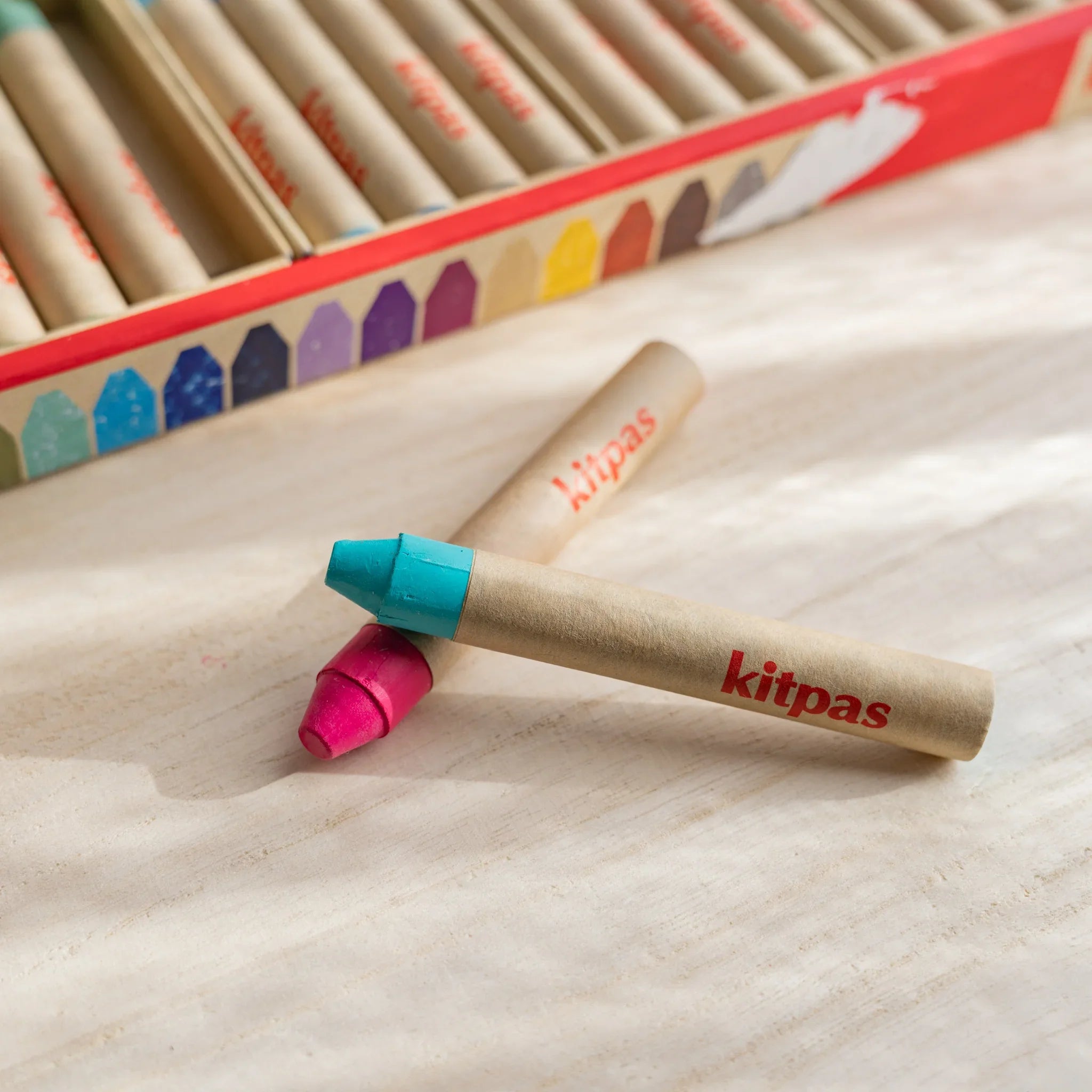 Kitpas Non-Toxic Rice Wax Watercolor Crayons 24-color set detailed close-up view of individual crayons