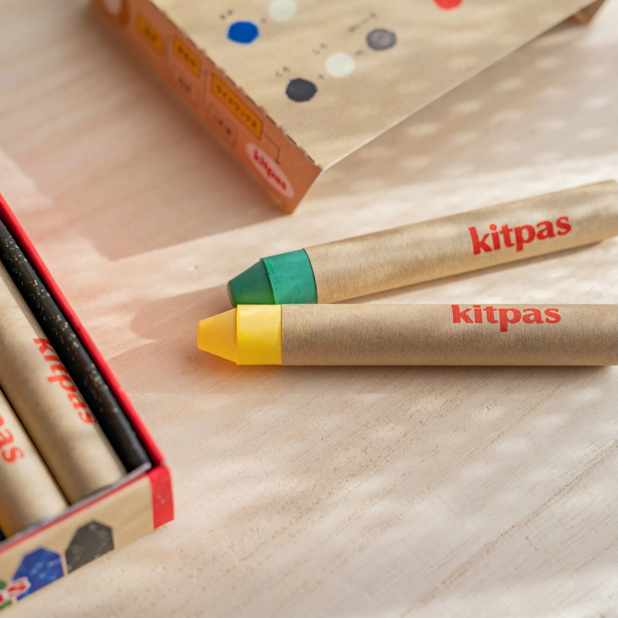 Kitpas Non-Toxic Rice Wax Watercolor Crayons 6-color set side profile view of portable compact crayon box