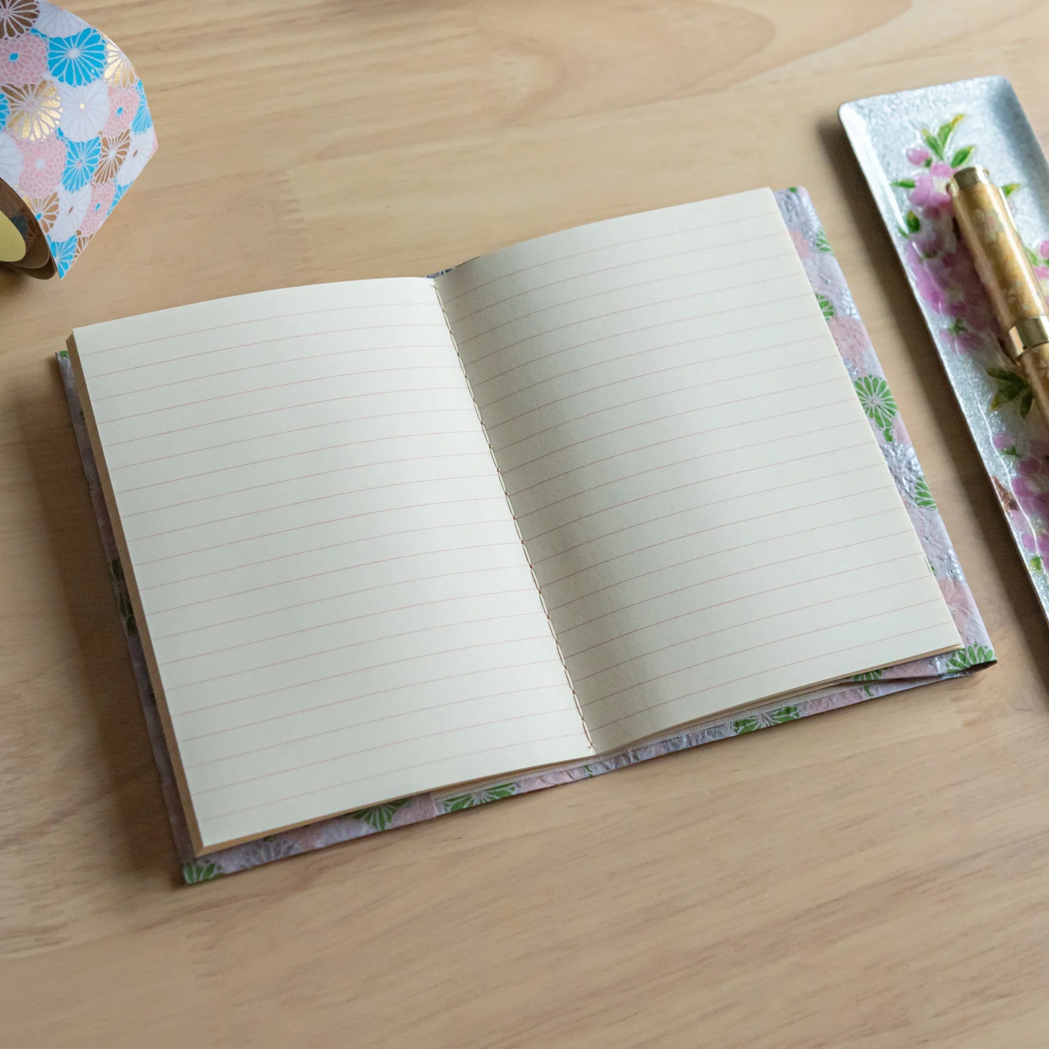 Lavender Mist Pastel Chrysanthemum Hand-Dyed Yuzen Washi Book Cover (A6), angled view showing all sides