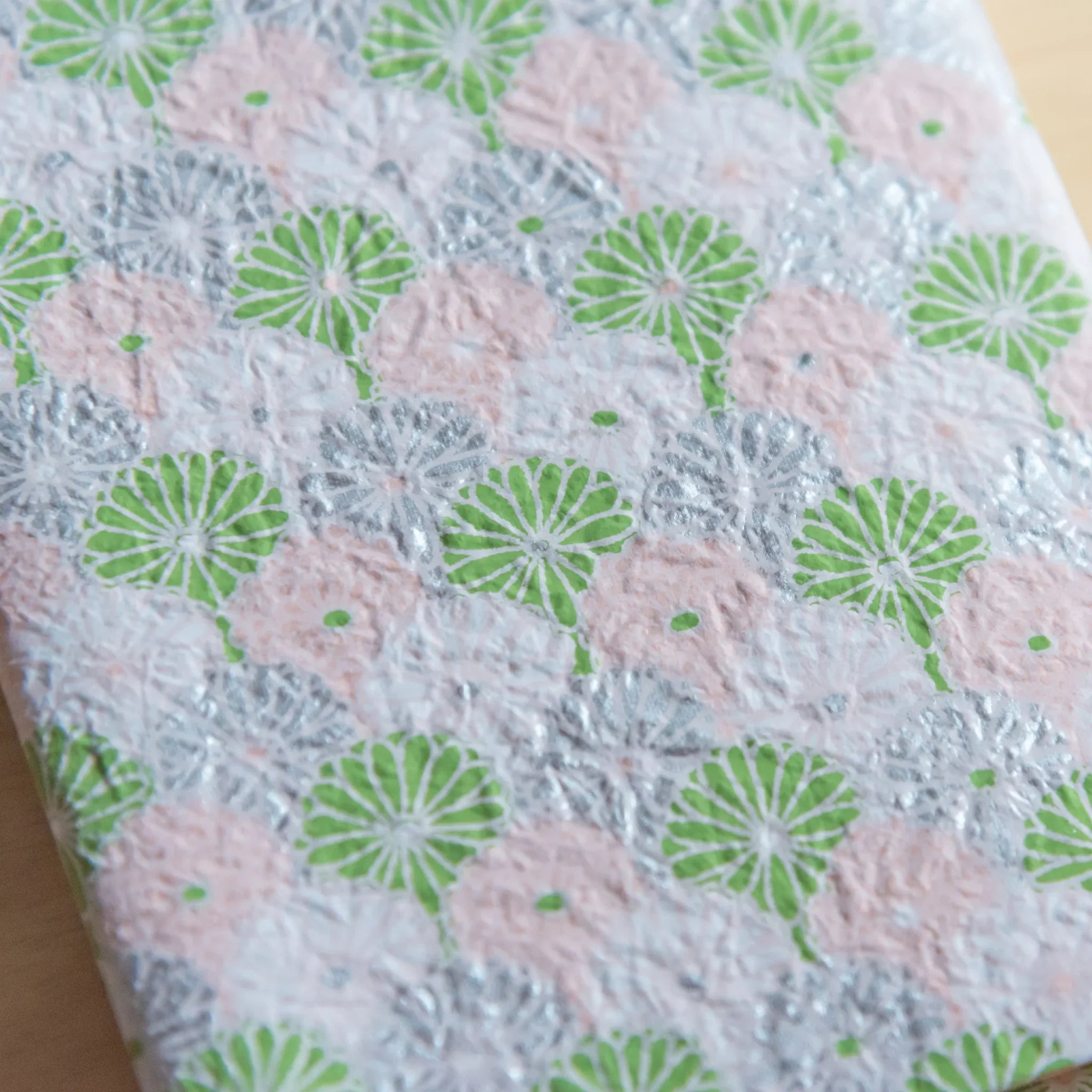 Lavender Mist Pastel Chrysanthemum Hand-Dyed Yuzen Washi Book Cover (A6), three-quarter angle of product