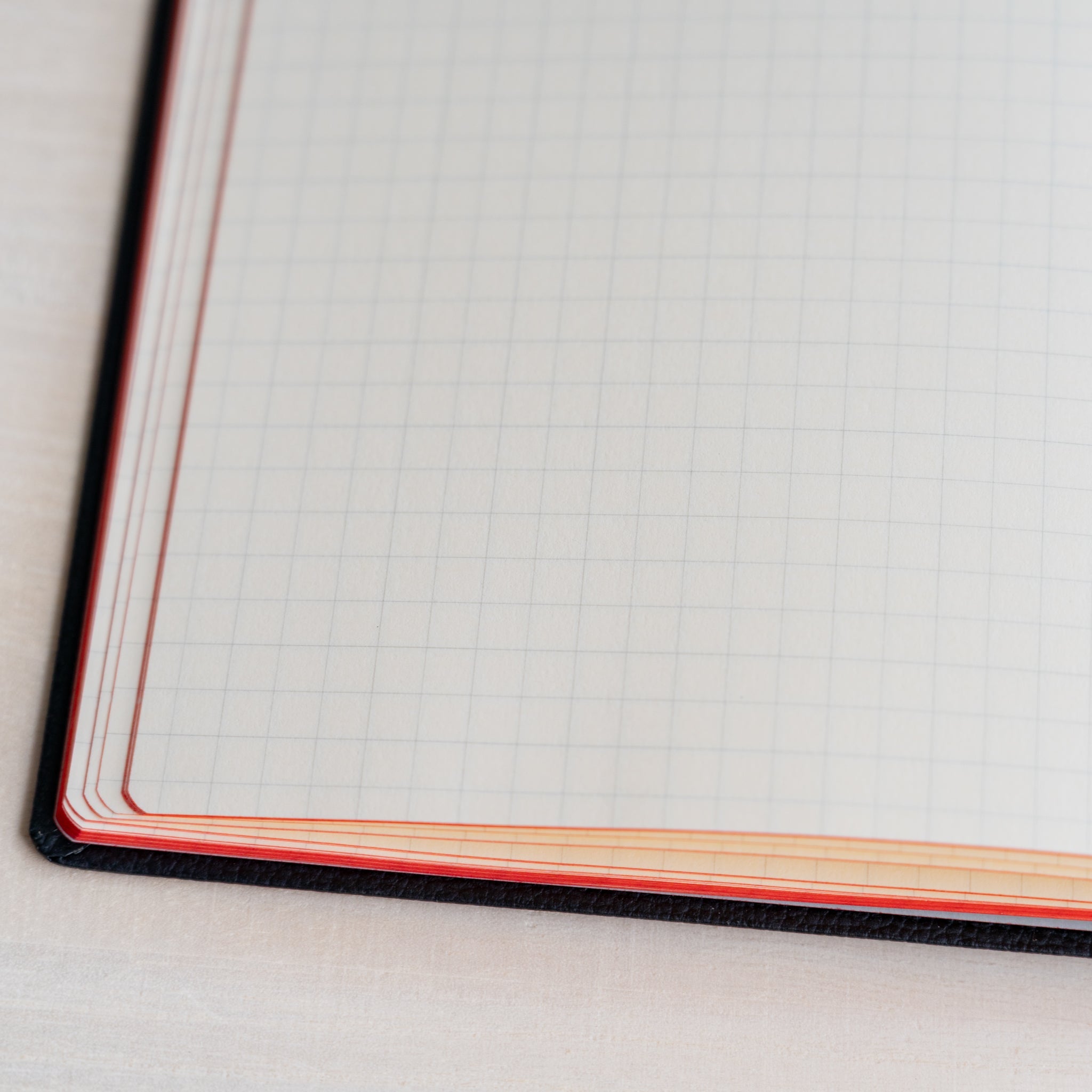 Life noble hard cover notebook A5 close-up of grid L Writing Paper corner, red frame lines, layered pages and cover edge