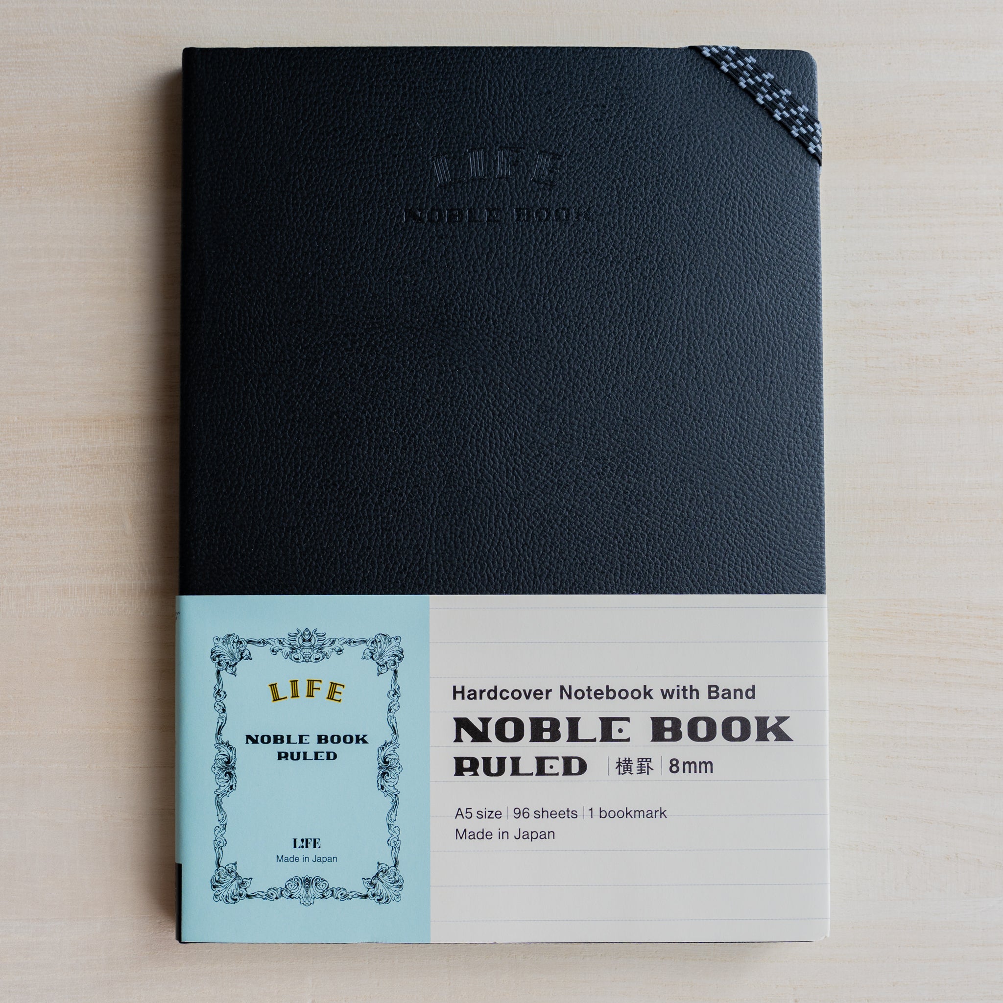 Life Noble hard cover notebook A5 with black textured cover and belly band, Japanese fountain pen friendly paper notebook