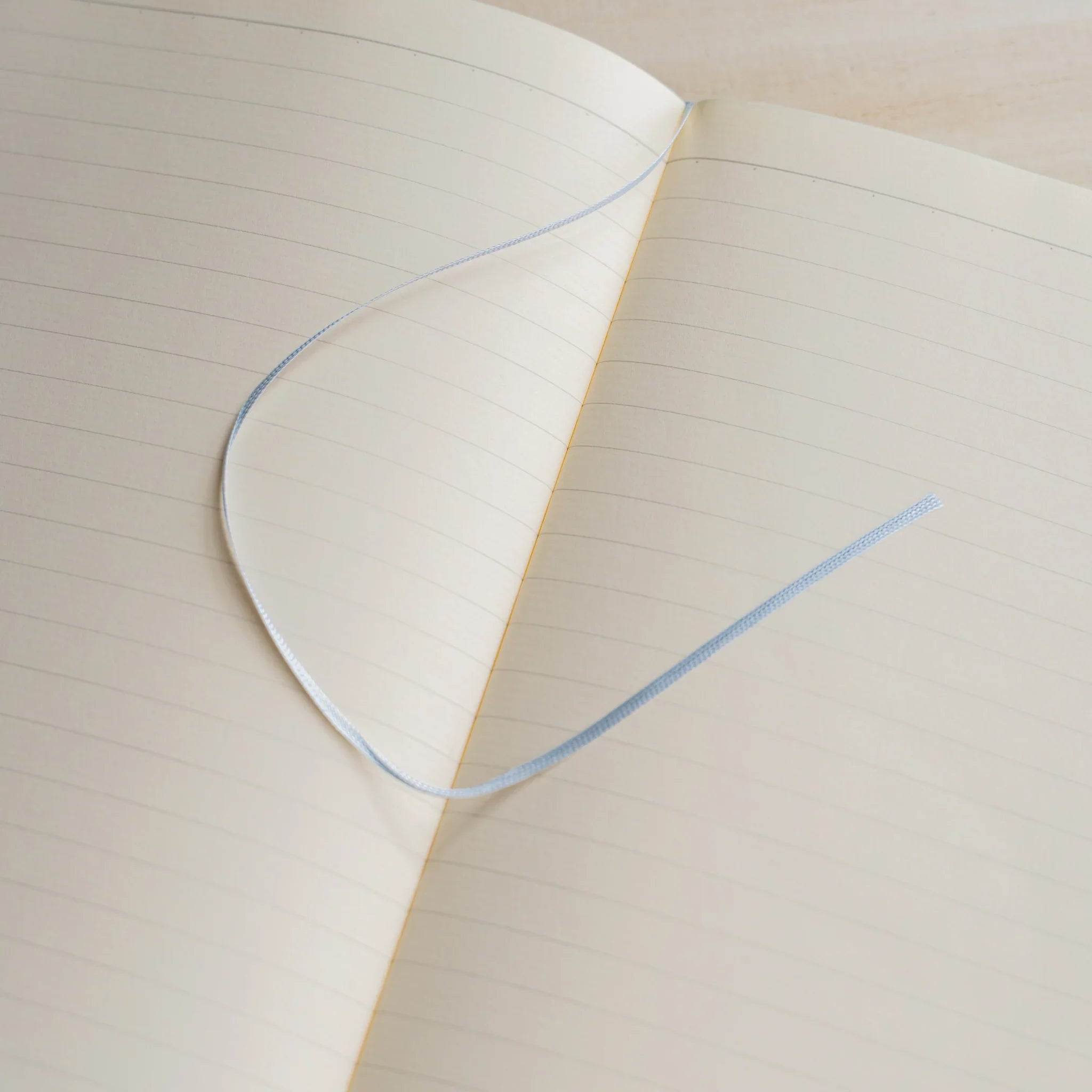 Life Noble A5 notebook, open view showing leather cover showing spine visible