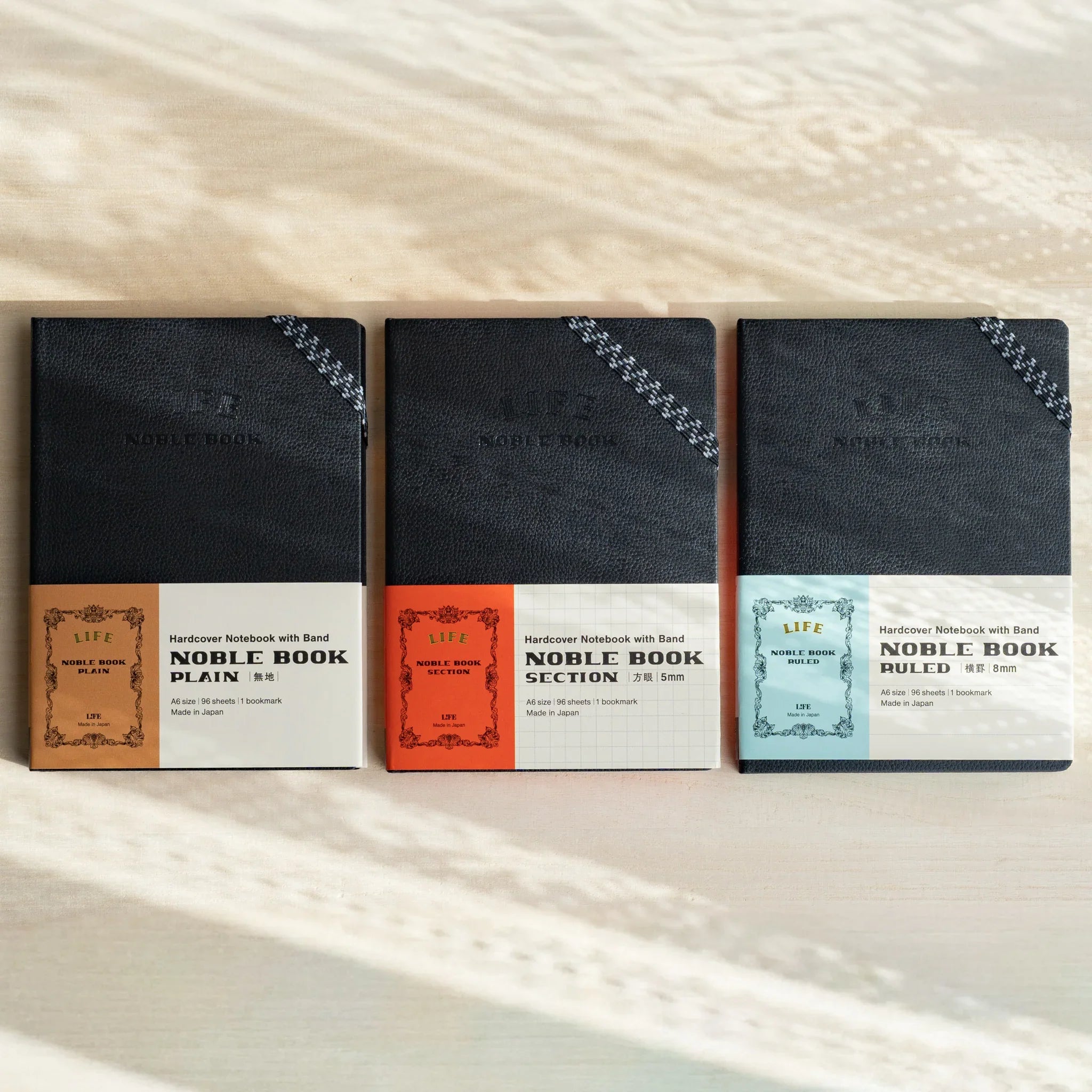 Life Noble A6 hardcover notebook, open view showing interior pages with binding quality