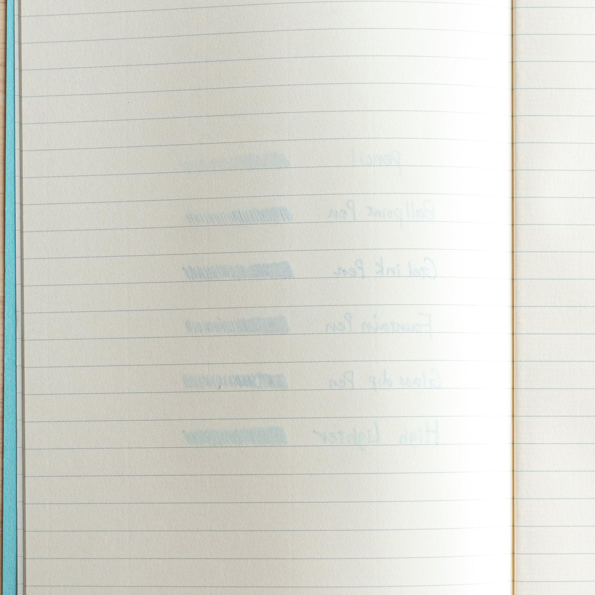 The next notebook page shows slight ink ghosting from the previous writing, with faint lines and text visible through the paper.