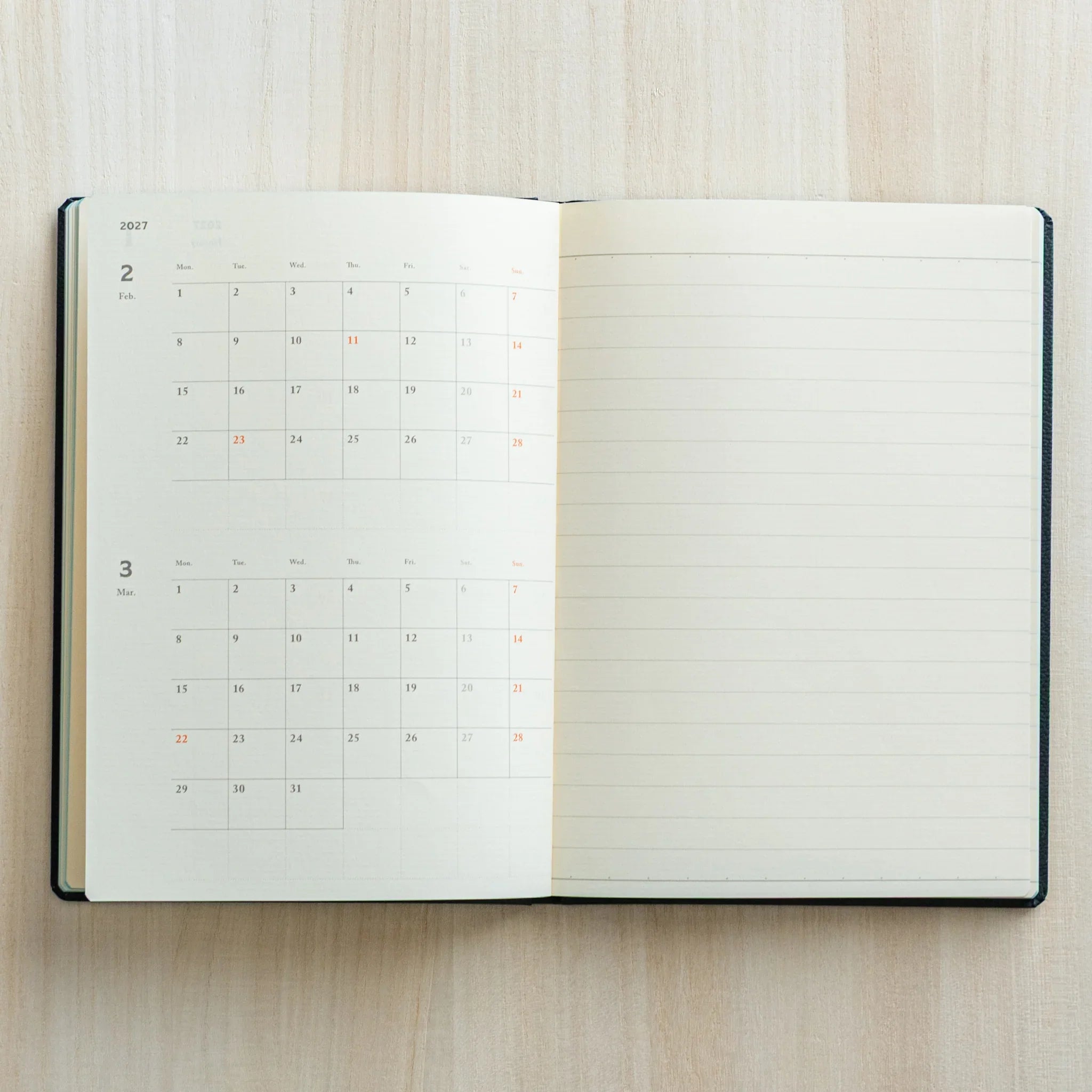 Life Noble planner for 2026 featuring black leather, product shot showing leather, Japanese LIFE brand hardcover planner with