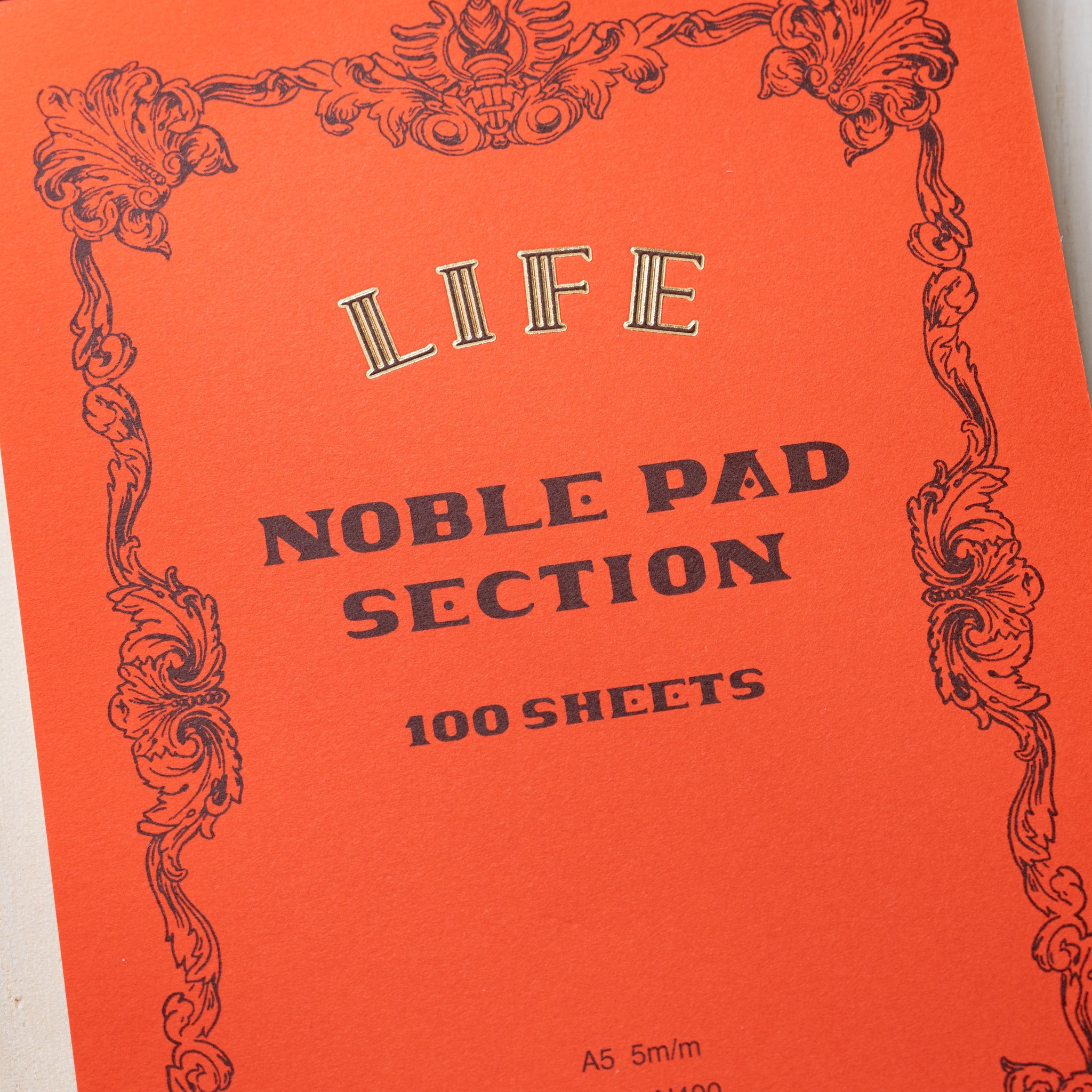 Life Noble writing pad Section cover in orange with ornate vintage frame, A5 Japanese stationery pad with 100 sheets