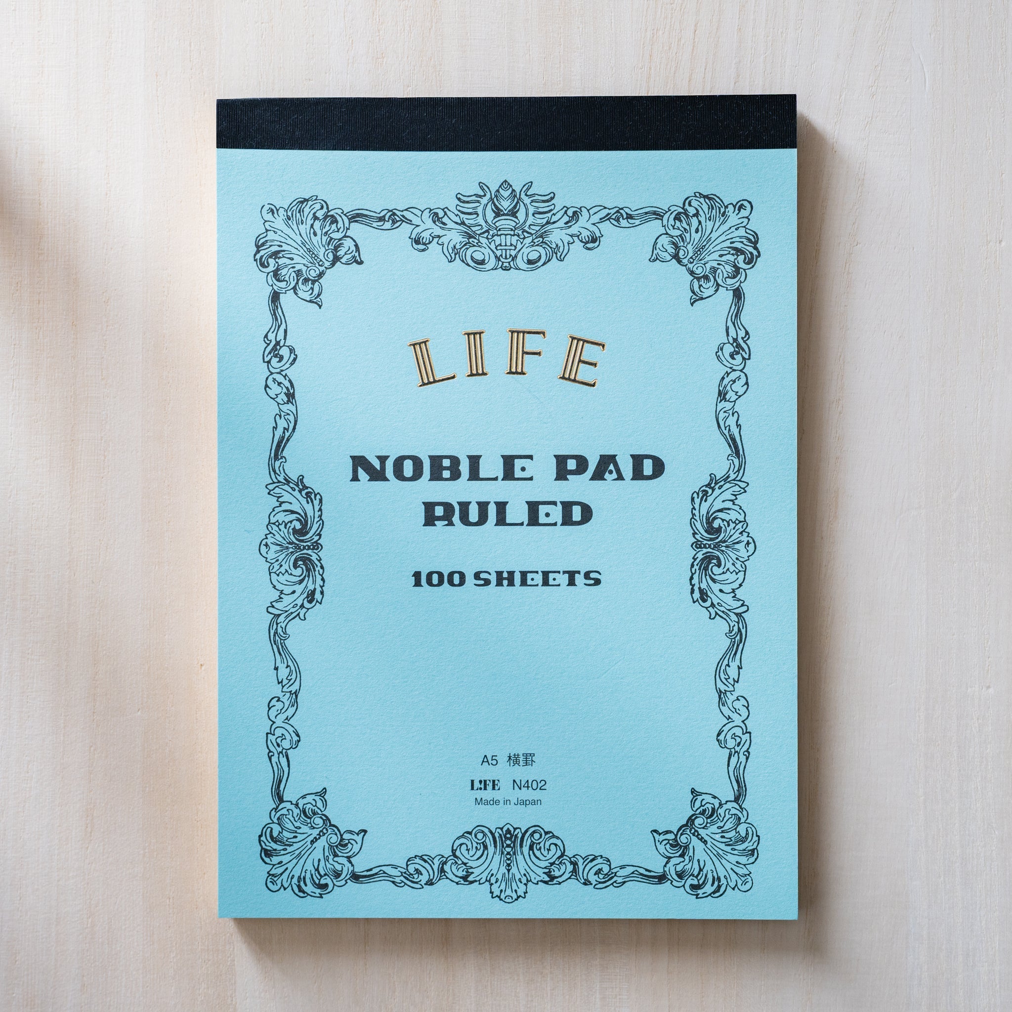 Life Noble writing pad ruled cover in blue with ornate vintage frame, A5 Japanese stationery pad with 100 sheets