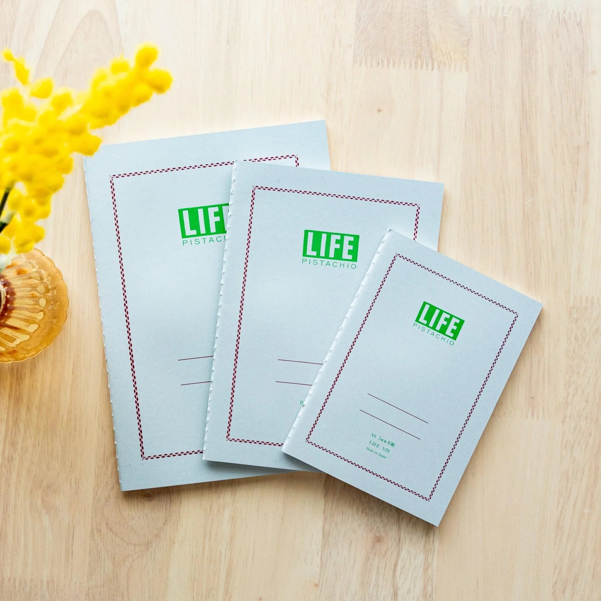 LIFE Pistachio A5 journal with soft-green, tilted overhead view of cover design and green color gradient