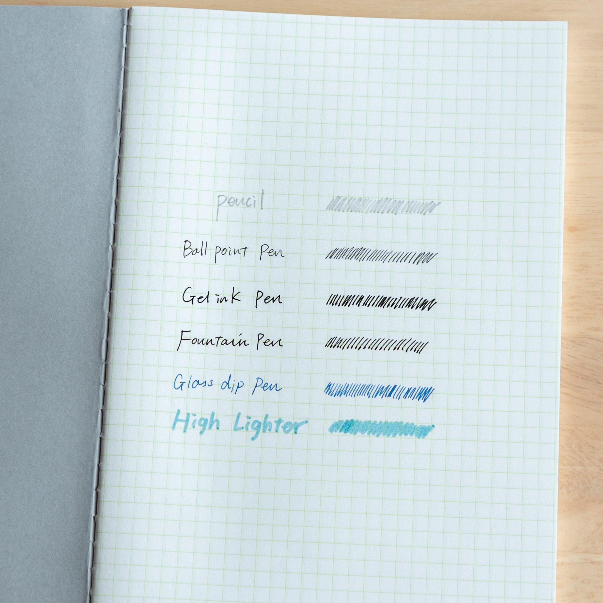 A notebook page comparing writing and shading with a pencil, ballpoint, gel ink, fountain, glass dip pen, and highlighter.