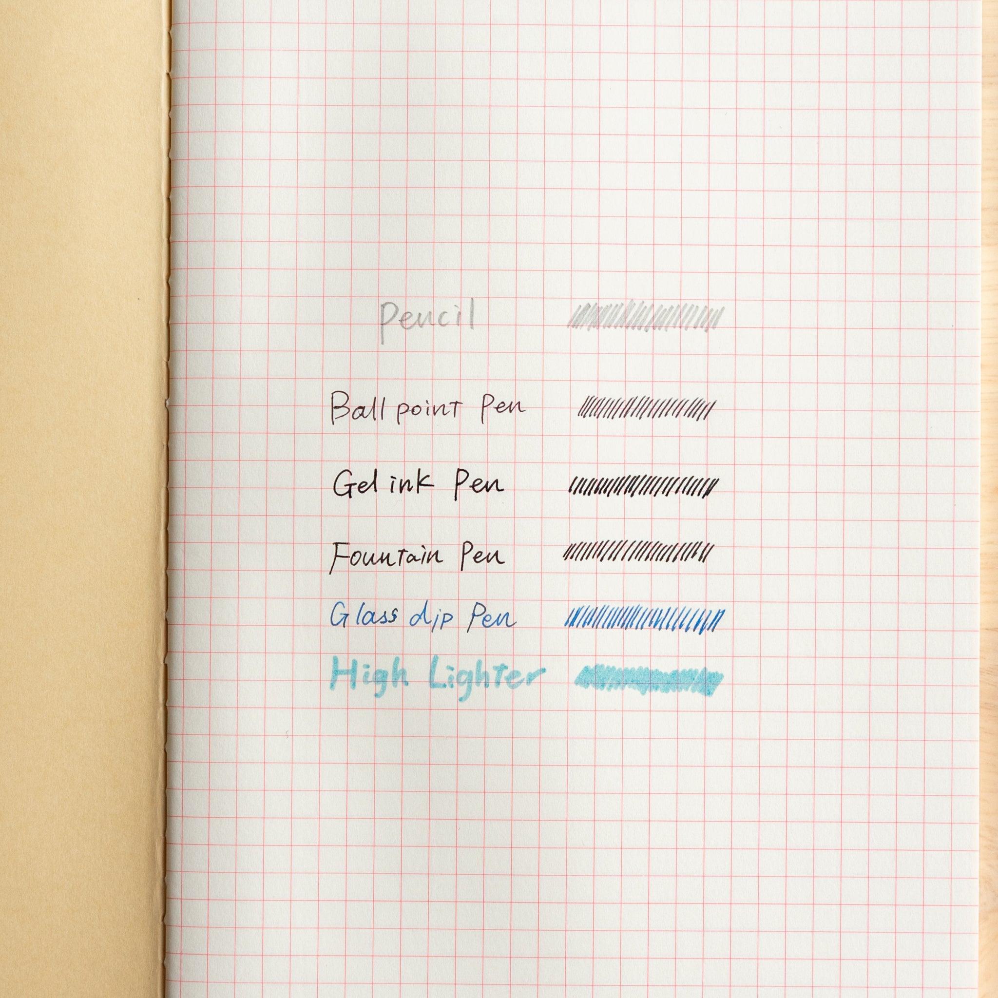 A notebook page comparing writing and shading with a pencil, ballpoint, gel ink, fountain, glass dip pen, and highlighter.