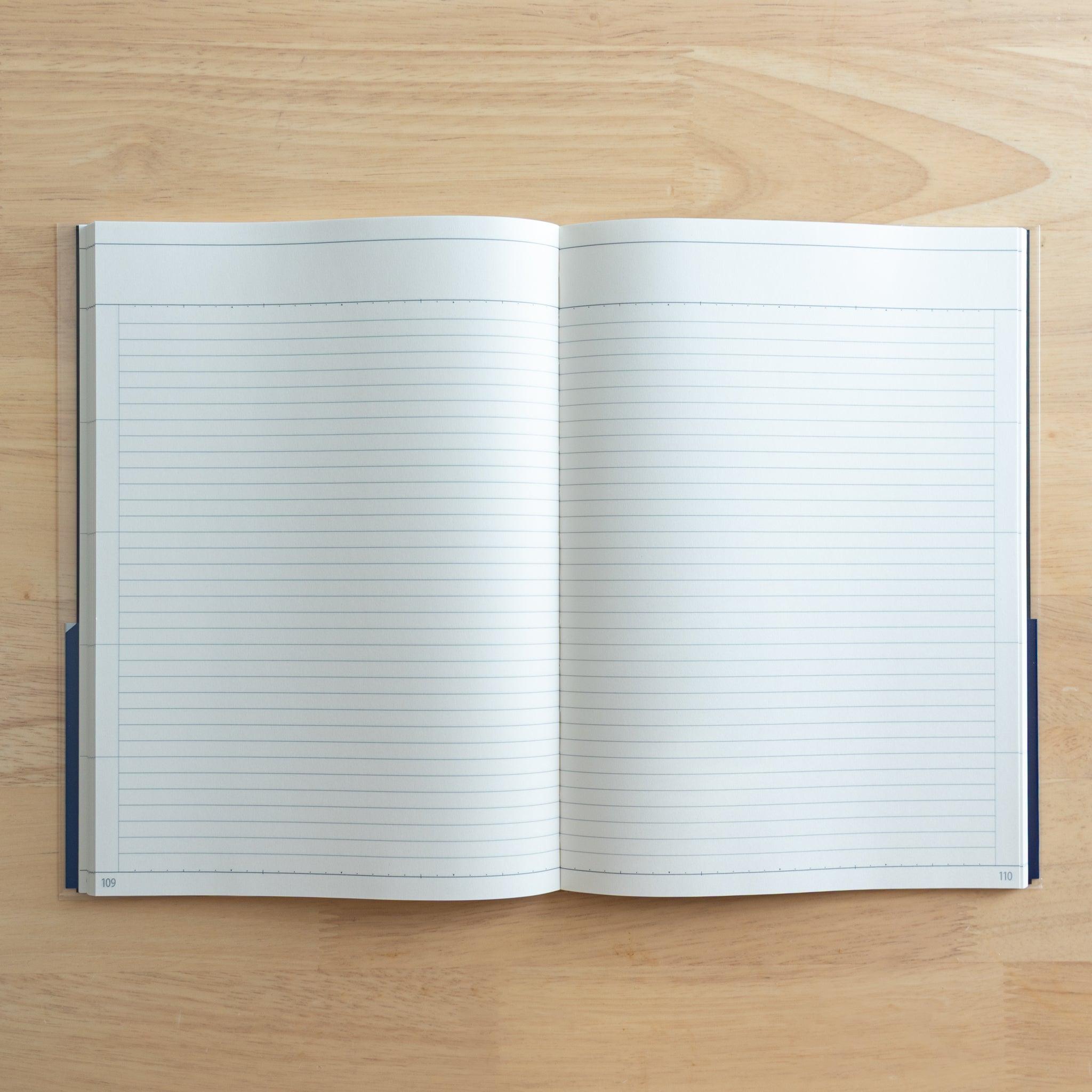 An open Japanese "Logical Search" notebook showing its lined pages with guides for organization and easy note-taking.