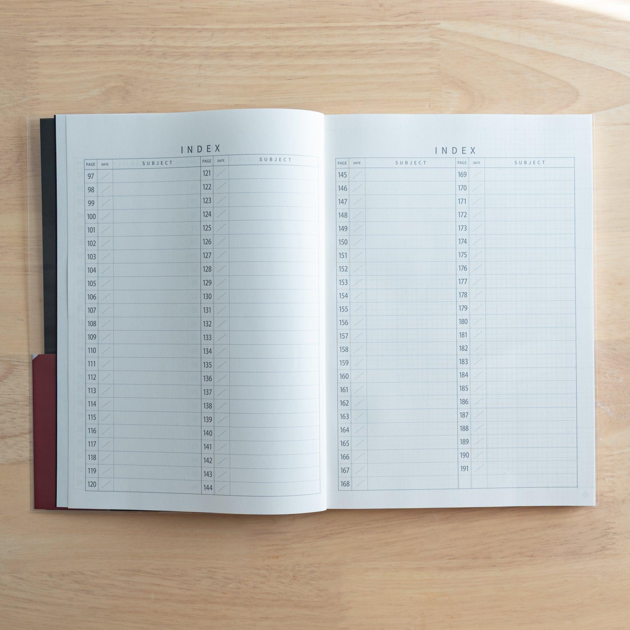 Another view of the index section in a Japanese "Logical Search" notebook, designed for easy reference and efficient organization.