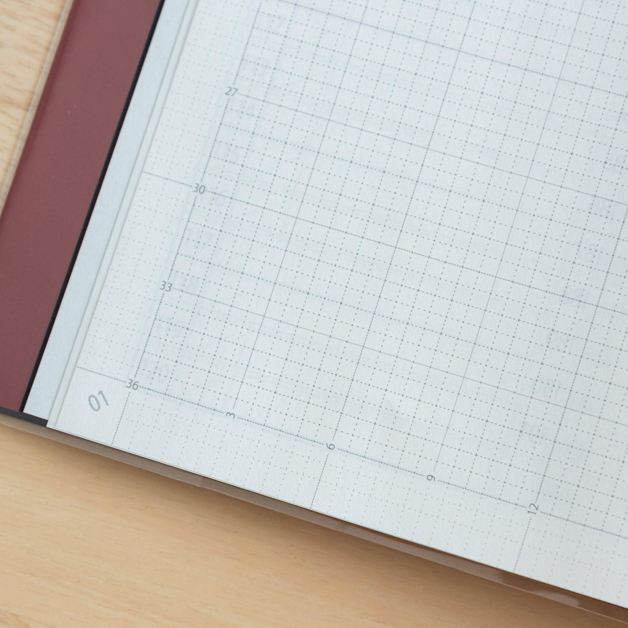 Close-up of a grid page in a Japanese "Logical Search" notebook, featuring numbered sections for structured note-taking.
