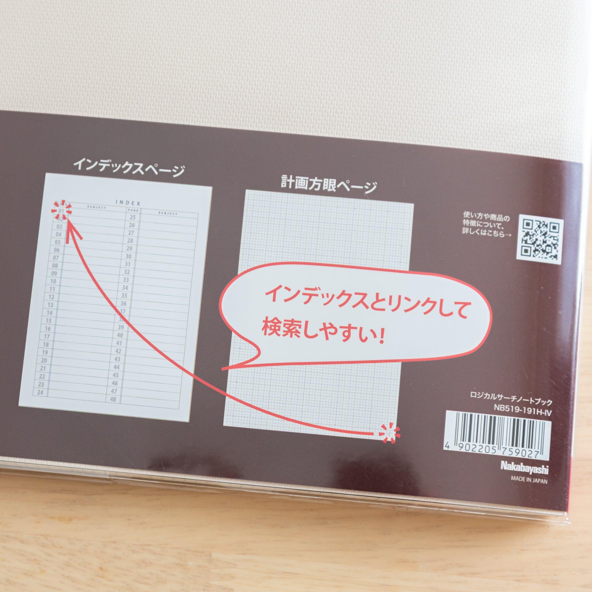 Detailed view of the back cover of a Japanese "Logical Search" notebook, showcasing its indexed and gridded pages.