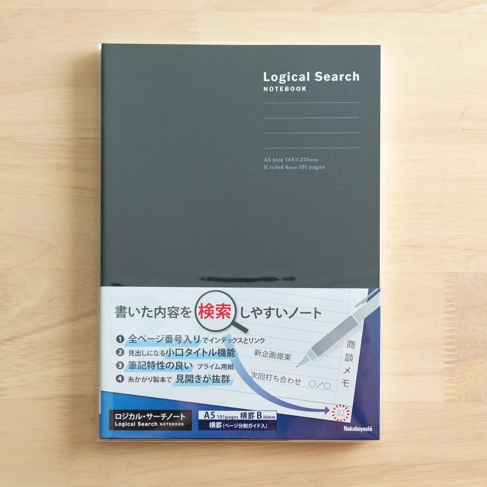 Close-up of Logical Search Notebook's Japanese page header showing detailed indexing system with subject columns