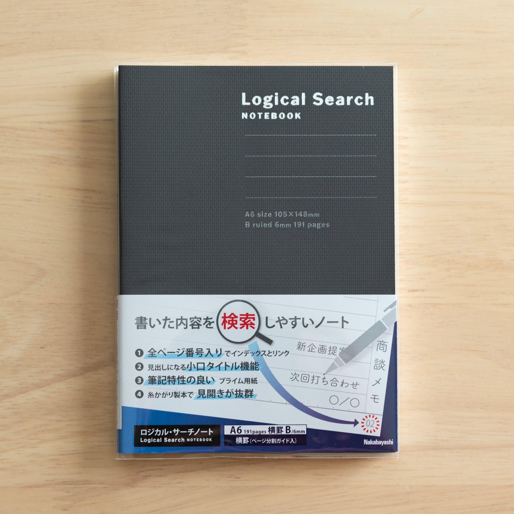 A6-sized Japanese "Logical Search" notebook with a black cover, featuring indexed and ruled pages for efficient note-taking.