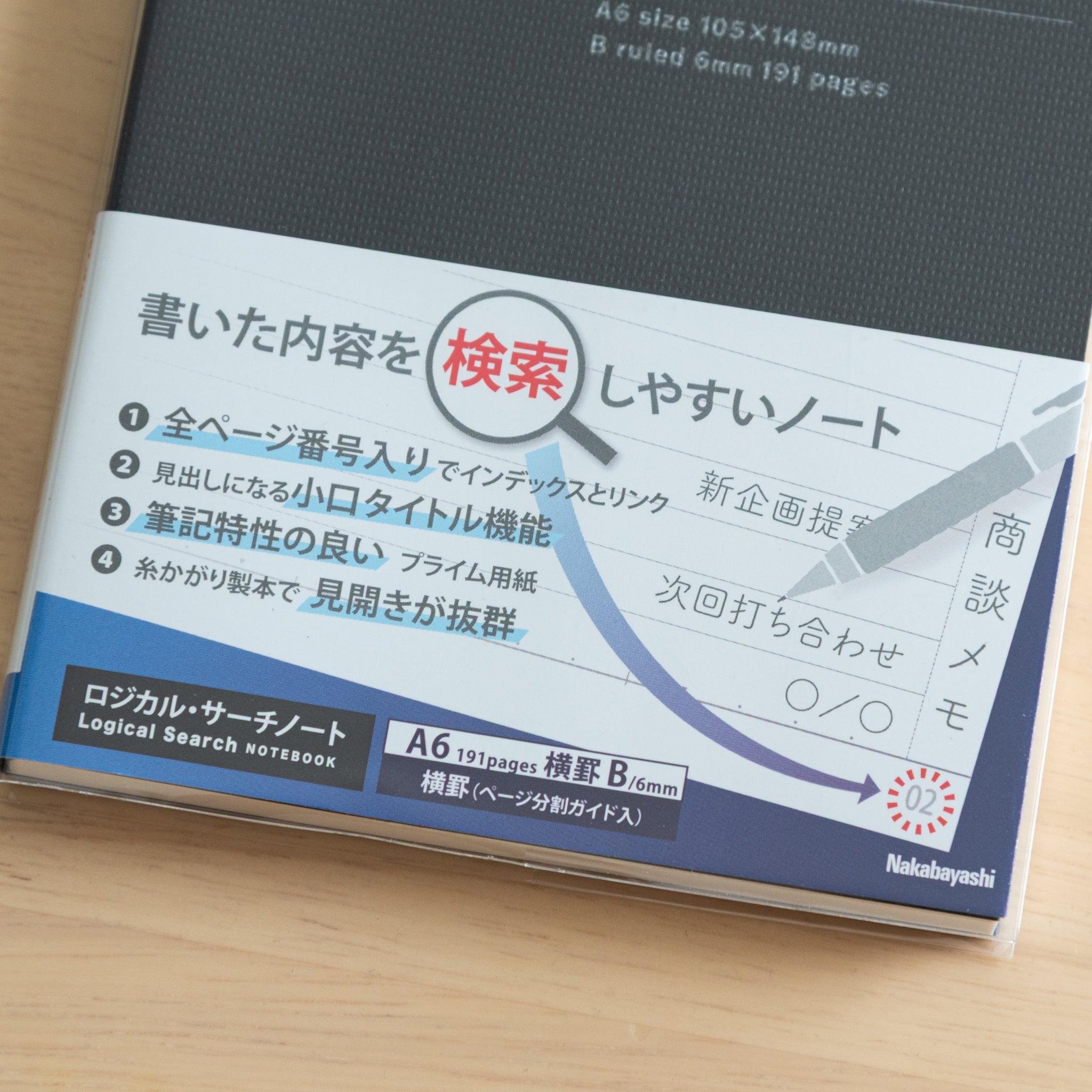 Close-up of an A6-sized Japanese "Logical Search" notebook label, highlighting its indexed and ruled pages for easy organization.