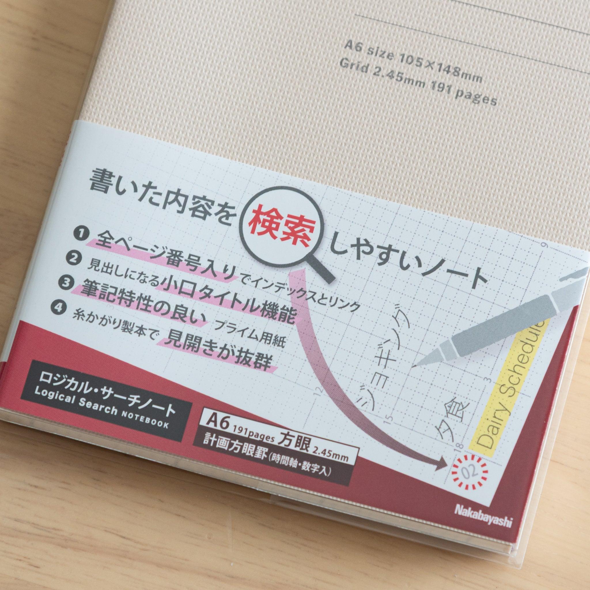 Close-up of an A6-sized Japanese "Logical Search" notebook cover, highlighting its index-linked 2.45mm grid layout and features.