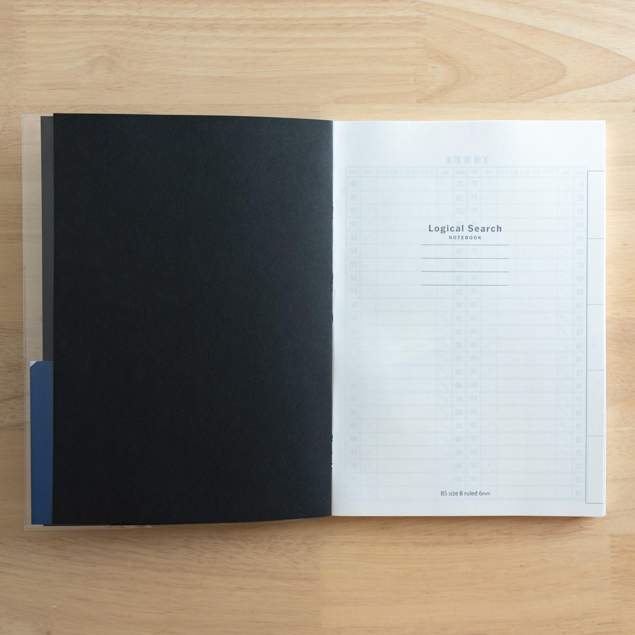 An open Japanese "Logical Search" notebook showing its title page and index section, designed for easy content organization.