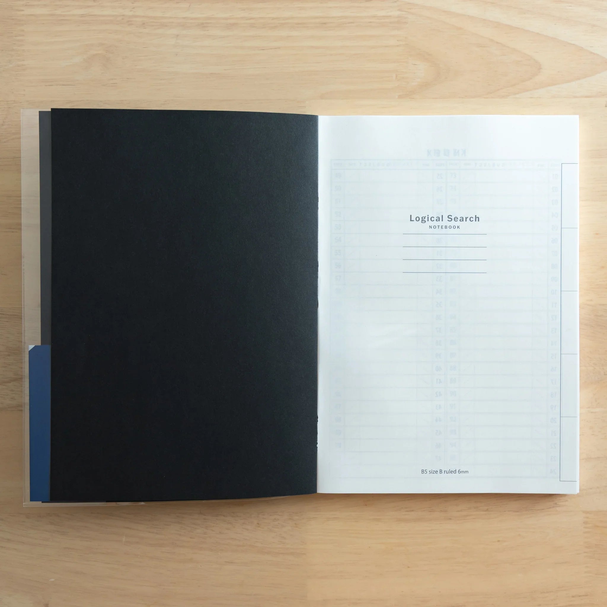 Logical Search Notebook B5 open to reveal inside front cover and first page in cream-colored paper, Japanese notebook