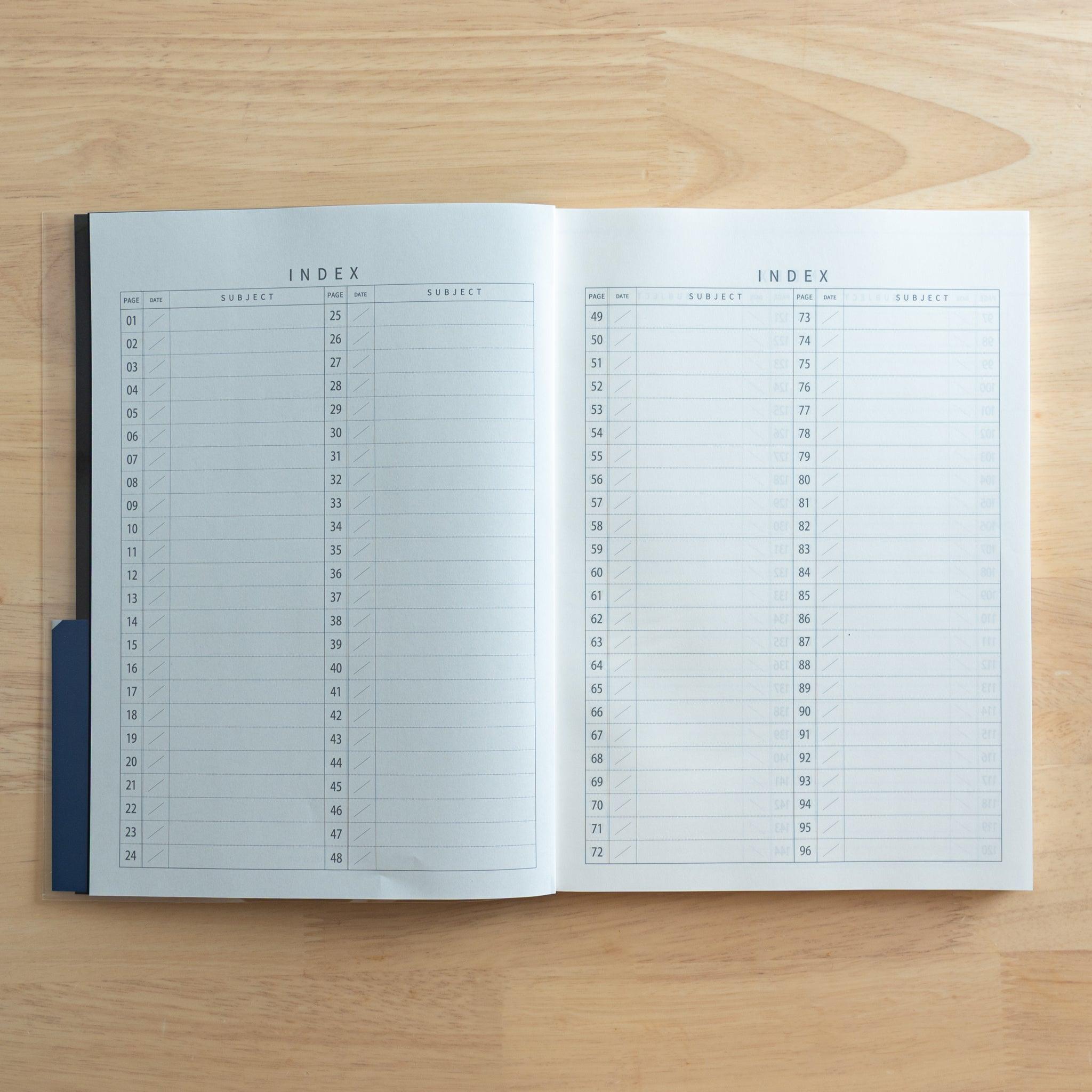 A Japanese "Logical Search" notebook opened to its index pages, featuring numbered lines for organizing notes and easy reference.