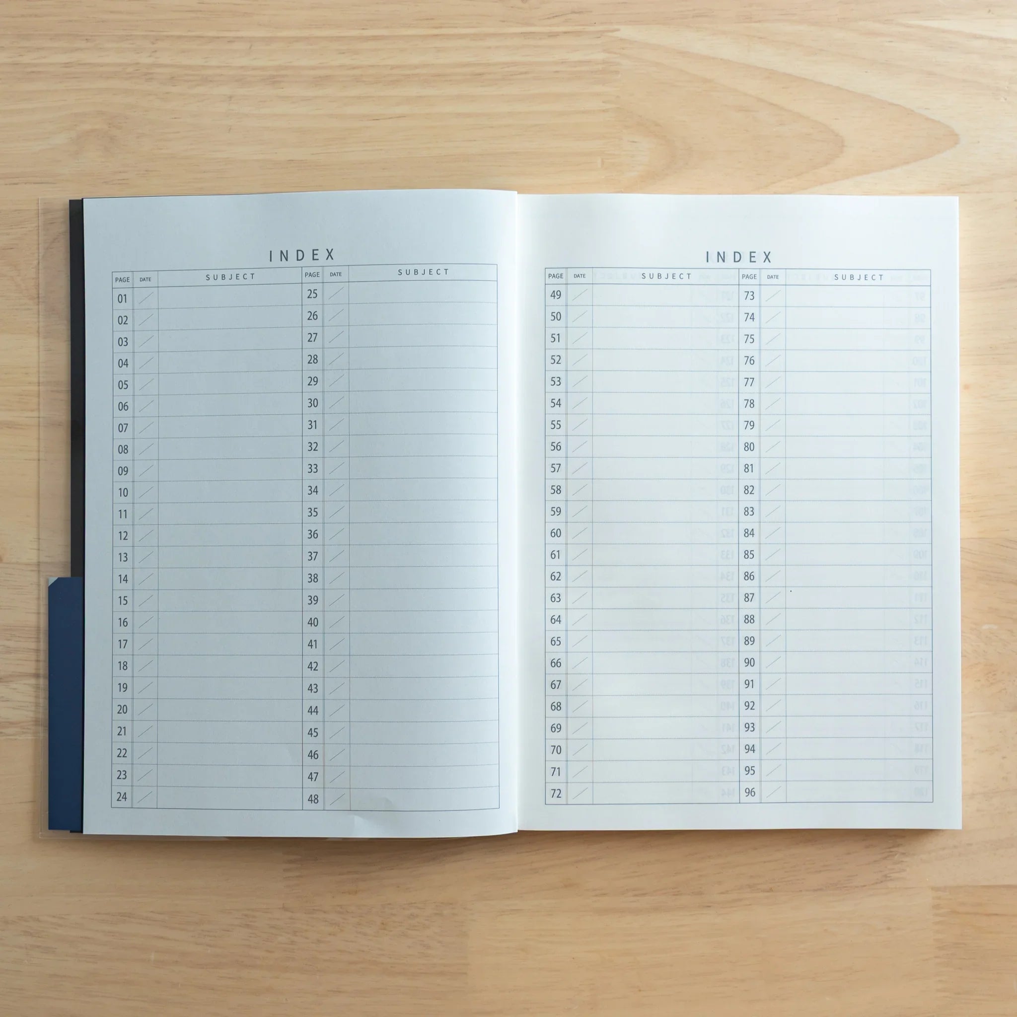 Open Logical Search Notebook displaying double-page index spread with numbered subject reference entries