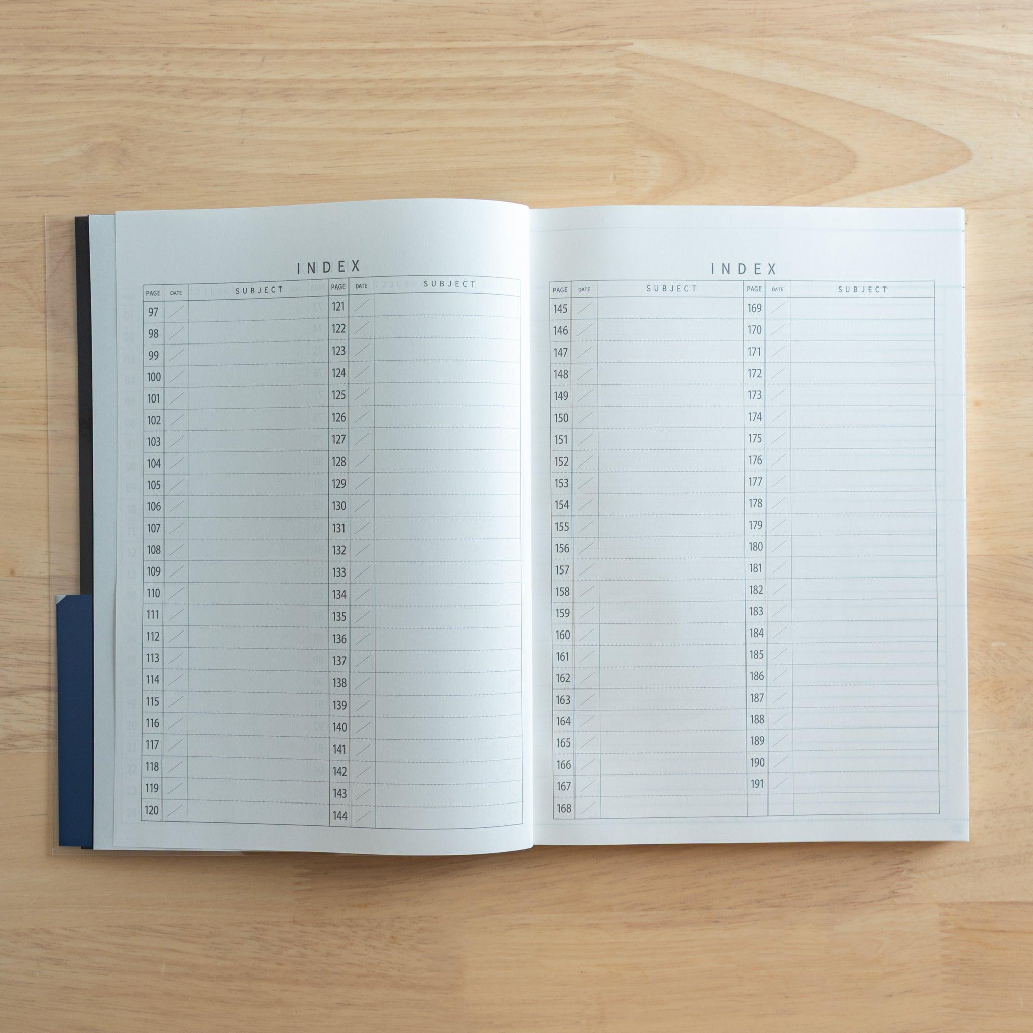 Another view of the index section in a Japanese "Logical Search" notebook, with numbered pages and subject columns for organization.