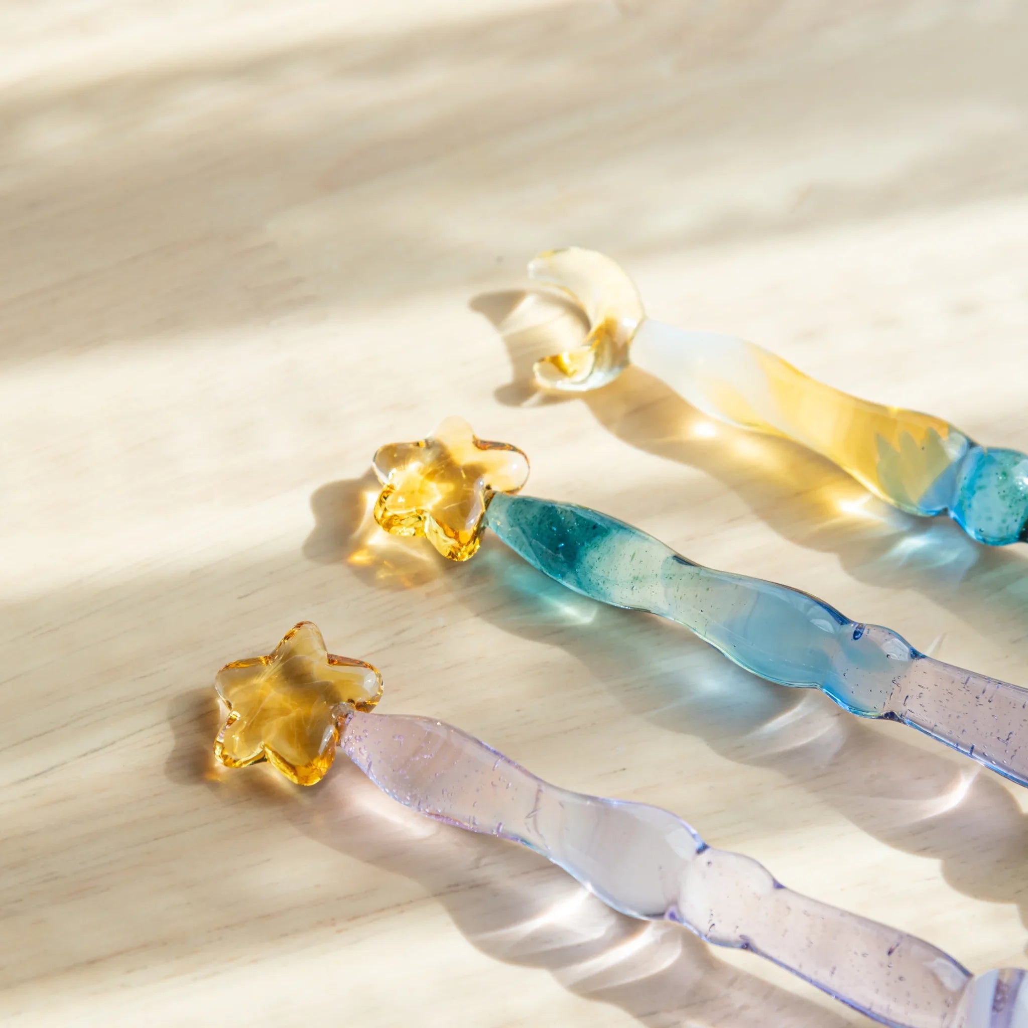 Lunar Glow glass dip pen with celestial moon holder in turquoise and pale yellow opalescent iridescent finish shine