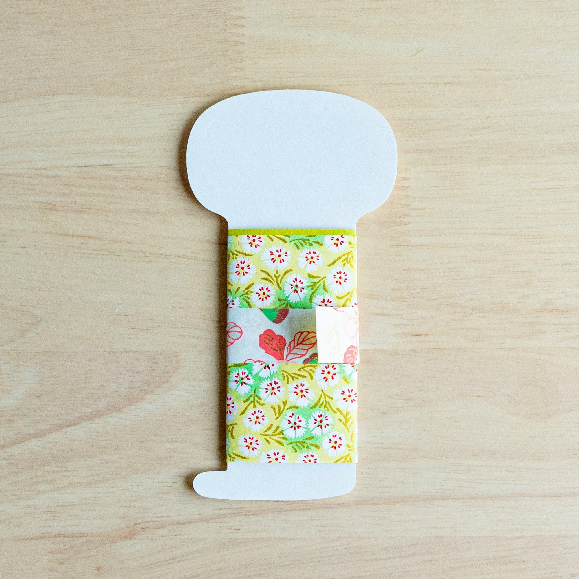 Back of Maikohan Message Card showing blank white face area and yellow-green floral yuzen washi kimono body