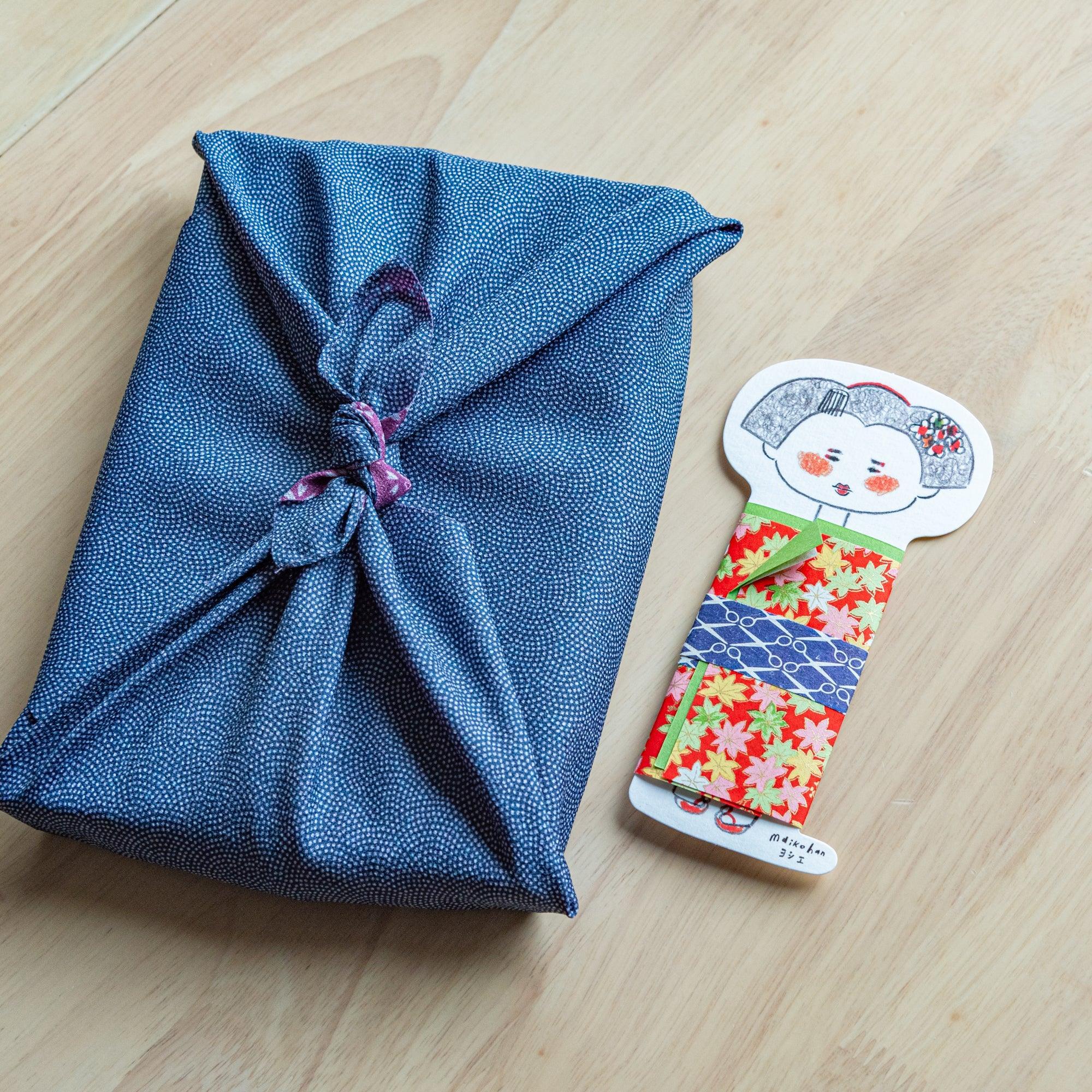 Maiko-shaped message cards adorned with vibrant Yuzen washi patterns, each featuring unique kimono designs inspired by Japanese traditions.