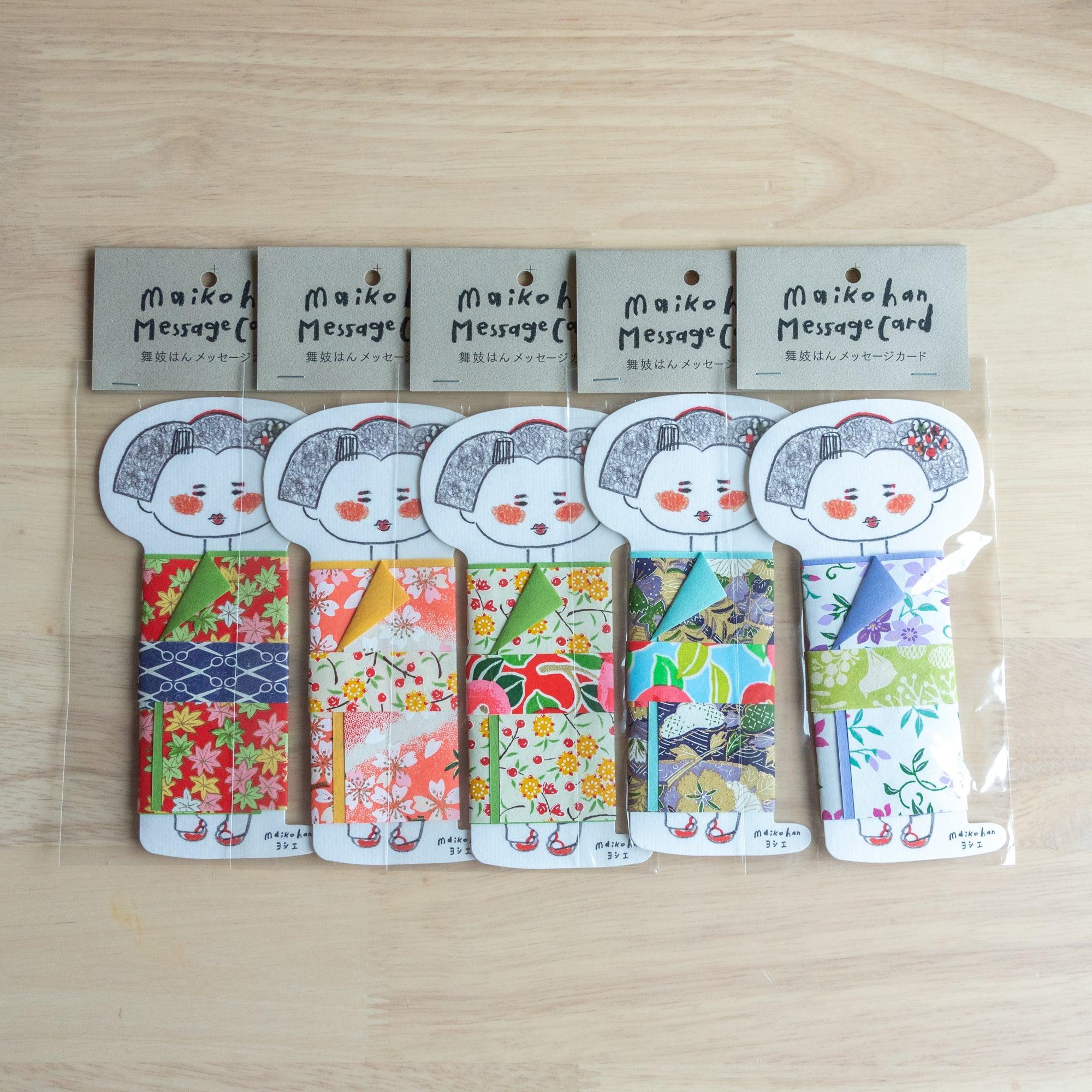 Maiko-shaped message cards adorned with vibrant Yuzen washi patterns, each featuring unique kimono designs inspired by Japanese traditions.
