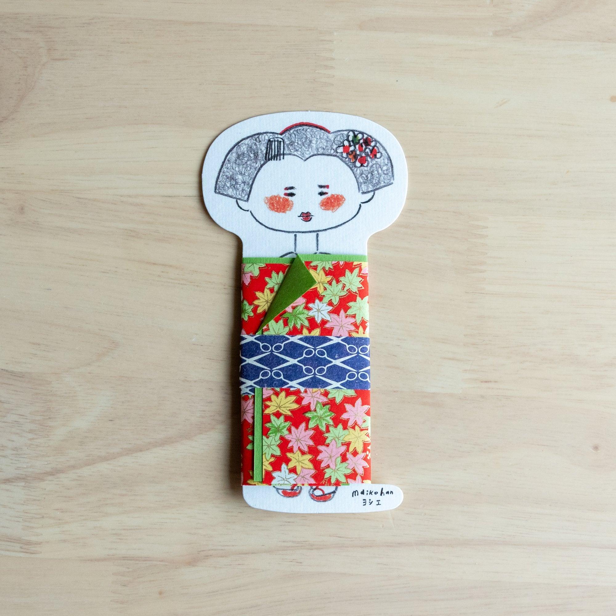 Maikohan Message Card on wood, maiko figure with red maple leaf yuzen washi kimono and blue diamond obi band