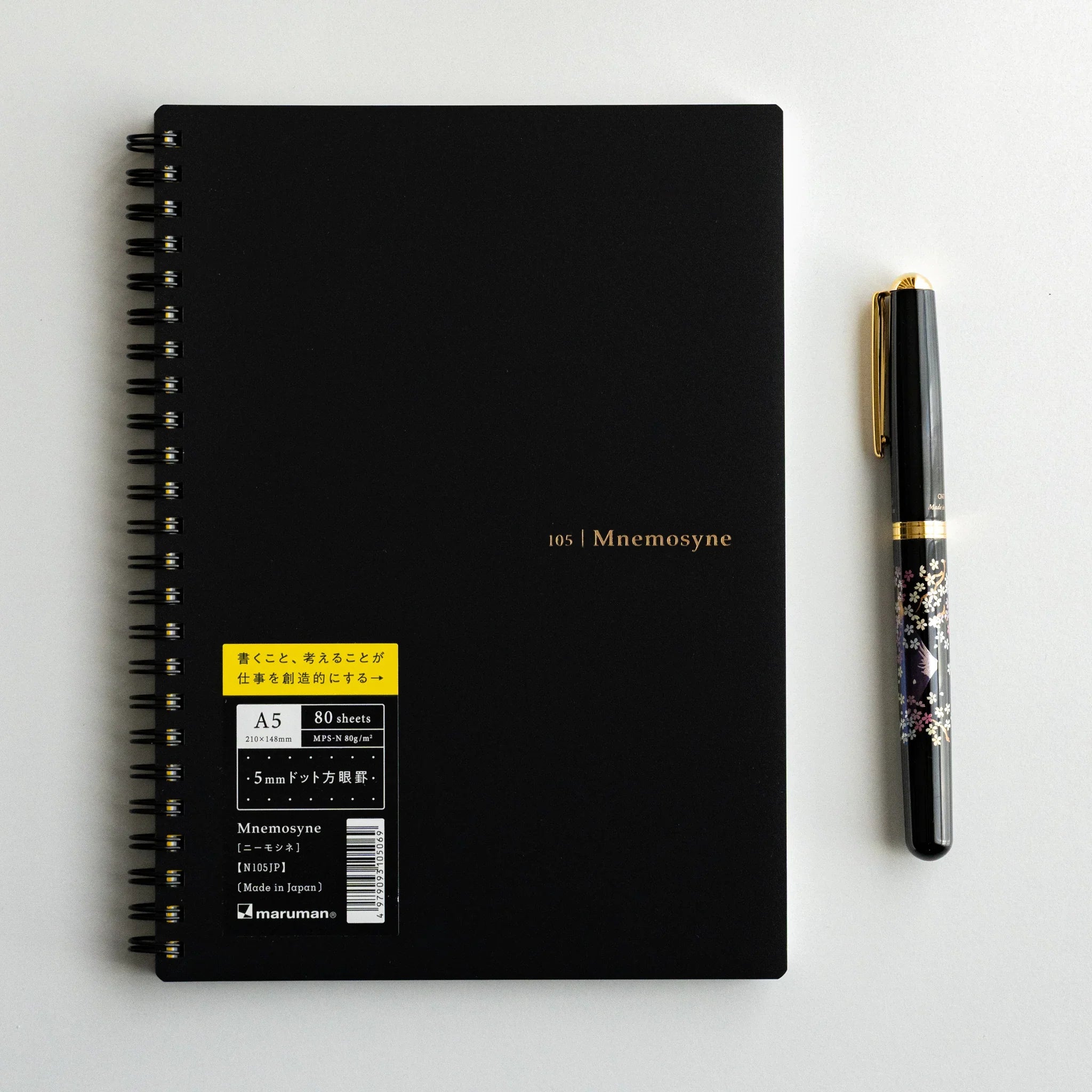 Maruman Mnemosyne notebook, open spread with 5mm dot grid pattern visible, Maruman Mnemosyne dot grid pad with detachable