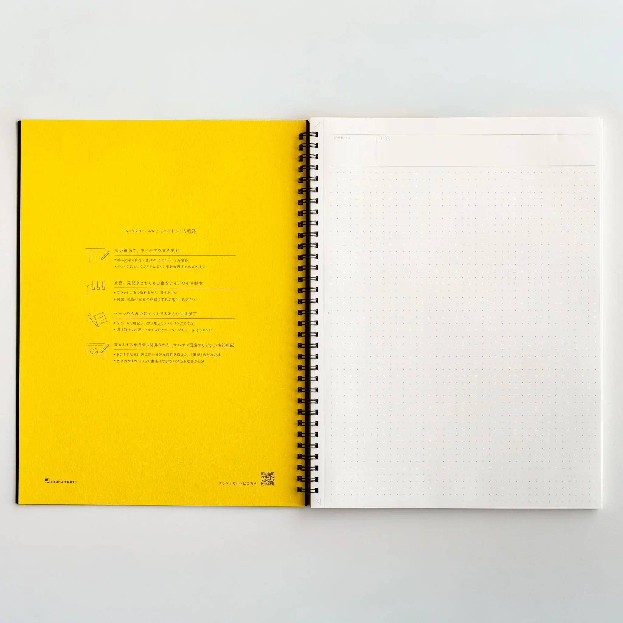Maruman Mnemosyne notebook, spread showing dot grid layout variations, Japanese Maruman Mnemosyne A5 5mm dot grid notebook