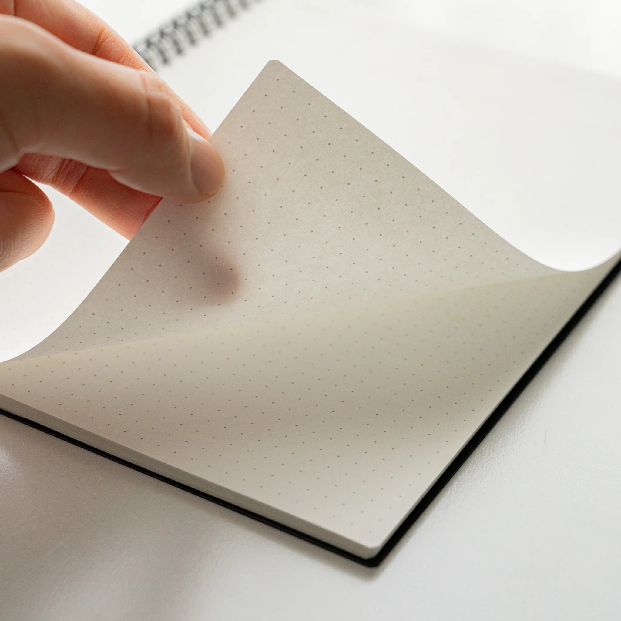 Maruman Mnemosyne notebook, page corner detail showing dot pattern, Japanese Maruman Mnemosyne A5 5mm dot grid notebook with