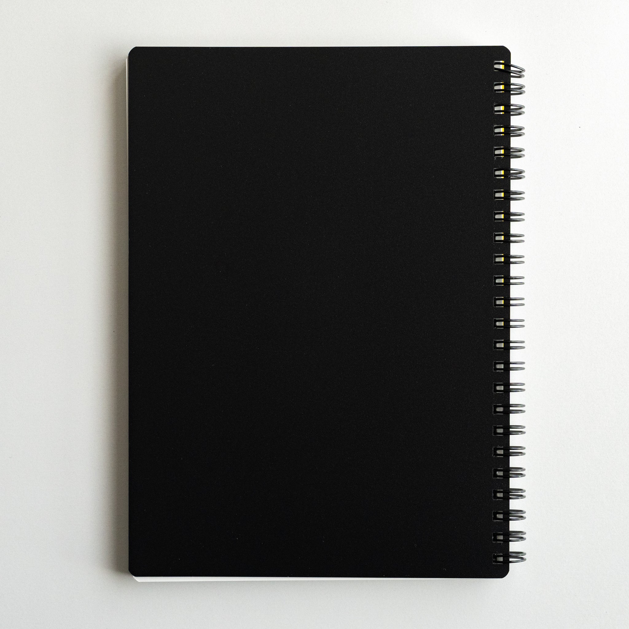 Front view of Maruman Mnemosyne lined notebook with minimalist black cover and twin-ring spiral binding for note-taking.