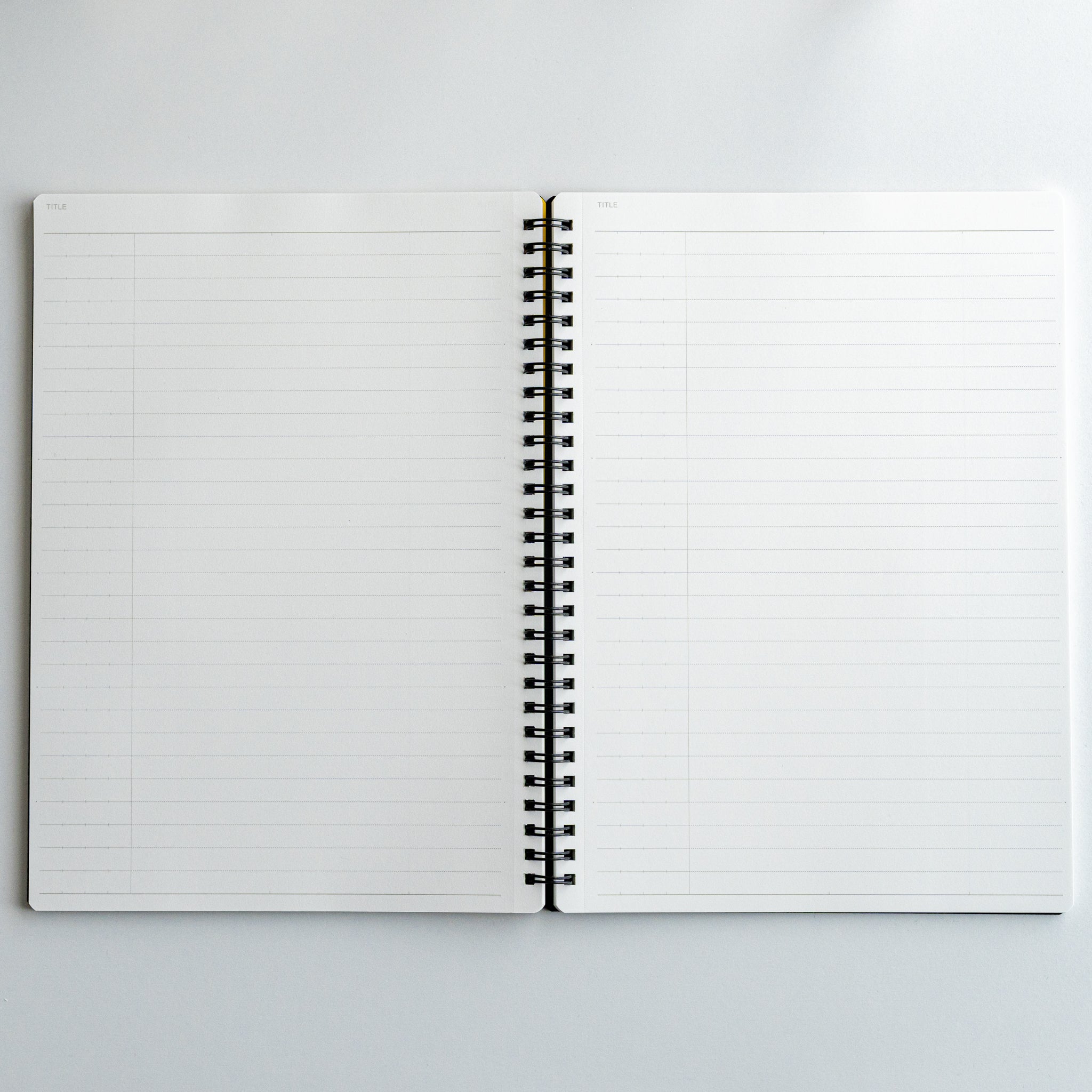 Open Maruman Mnemosyne notebook displaying two blank lined pages with twin-ring binding for spacious writing.