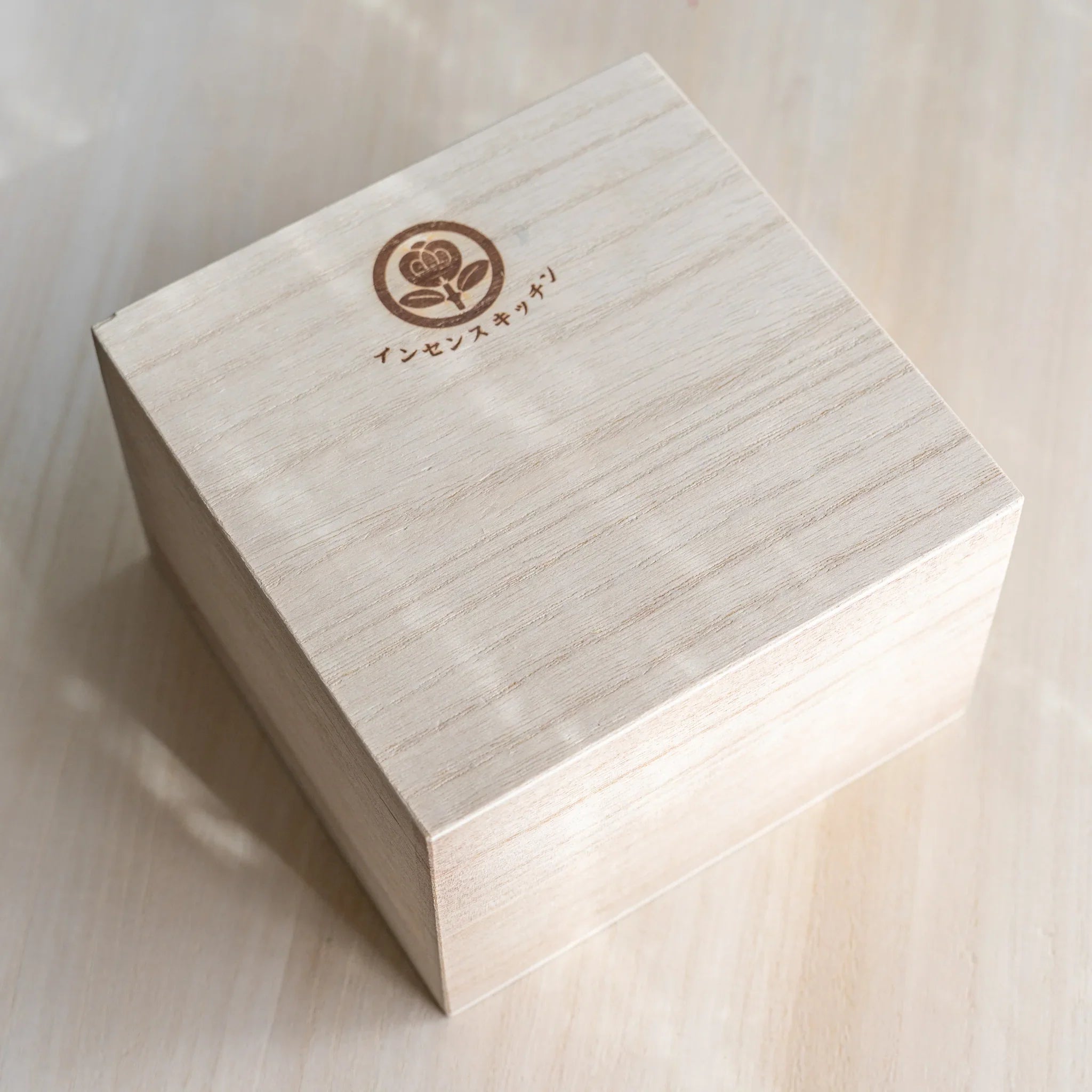 Paulownia wood gift box for Suruga bamboo matcha incense tea warmer with INCENSE KITCHEN logo on top