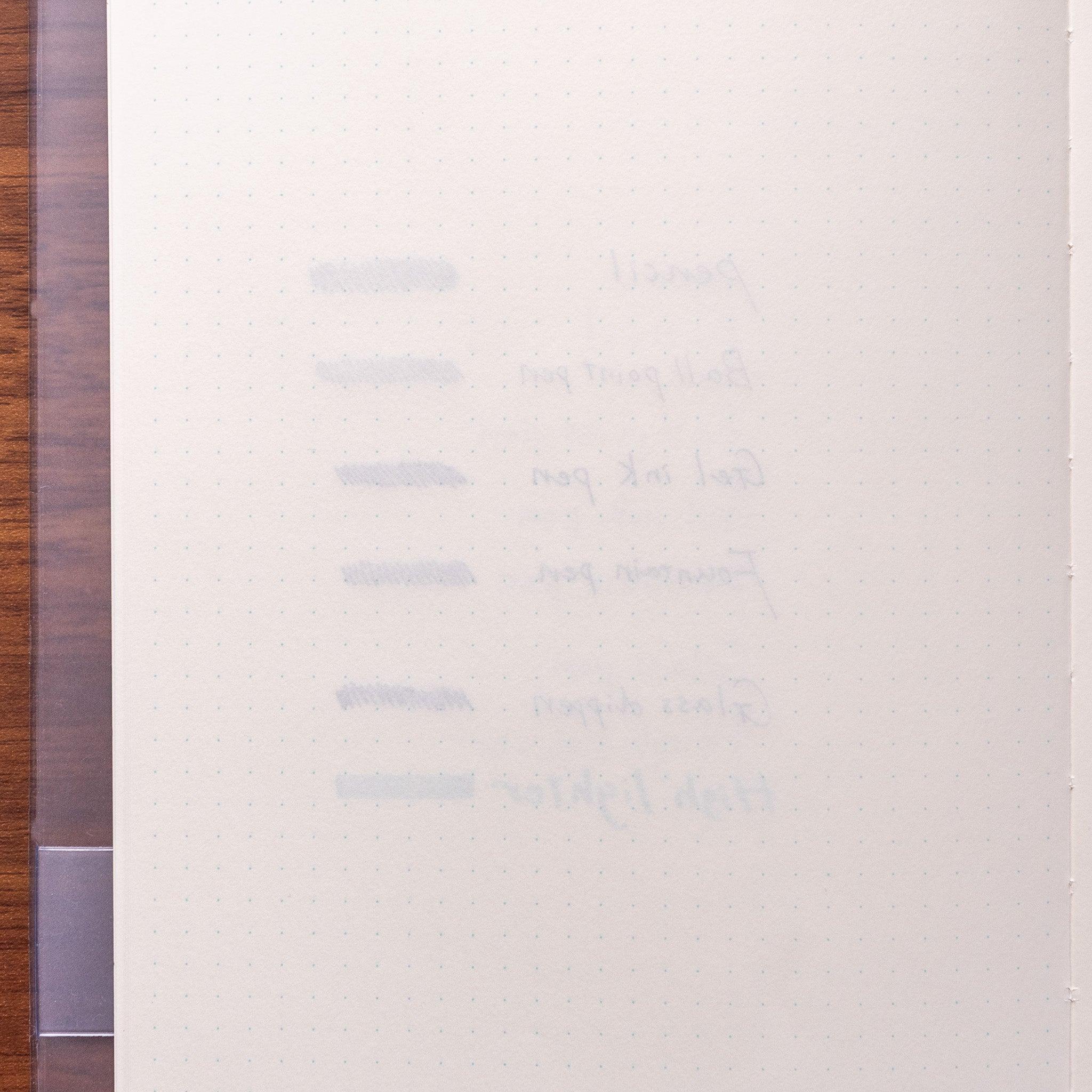 The reverse side of a Japanese stationery MD Notebook page shows minimal ink bleed-through from pen tests, demonstrating its high-quality paper.